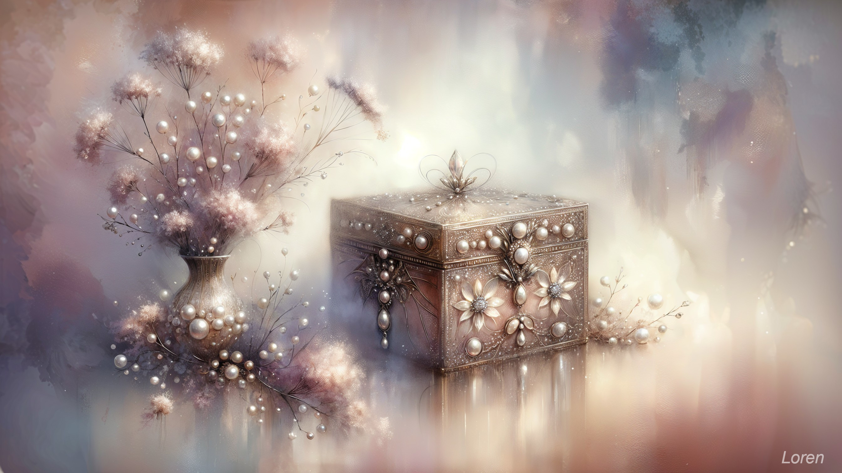 Ornate Decorative Box and Vase with Feathery Flowers
