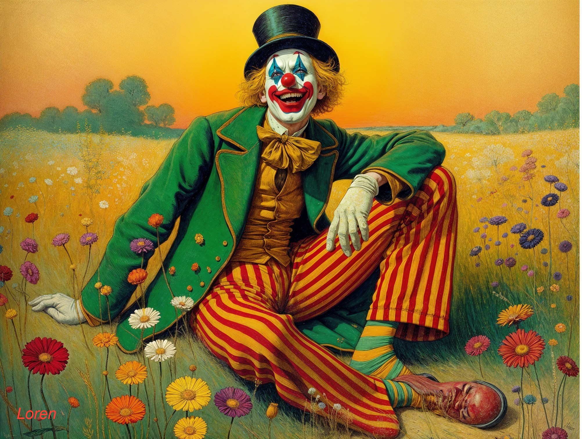 Clown in Colorful Flowers at Sunset Scene