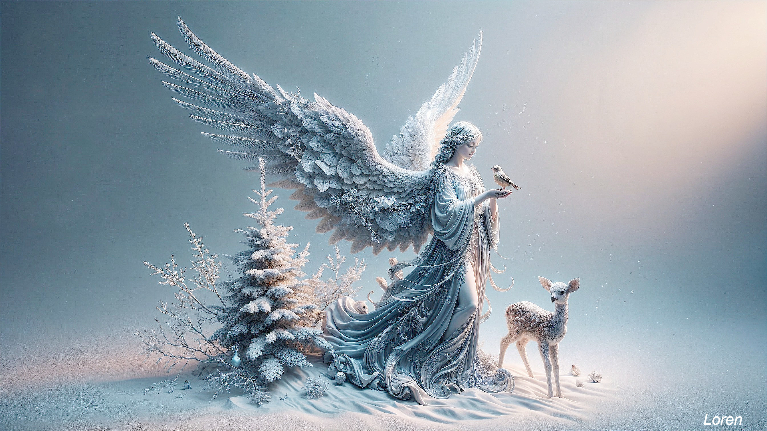 Angel with Bird and Fawn in Winter Scene