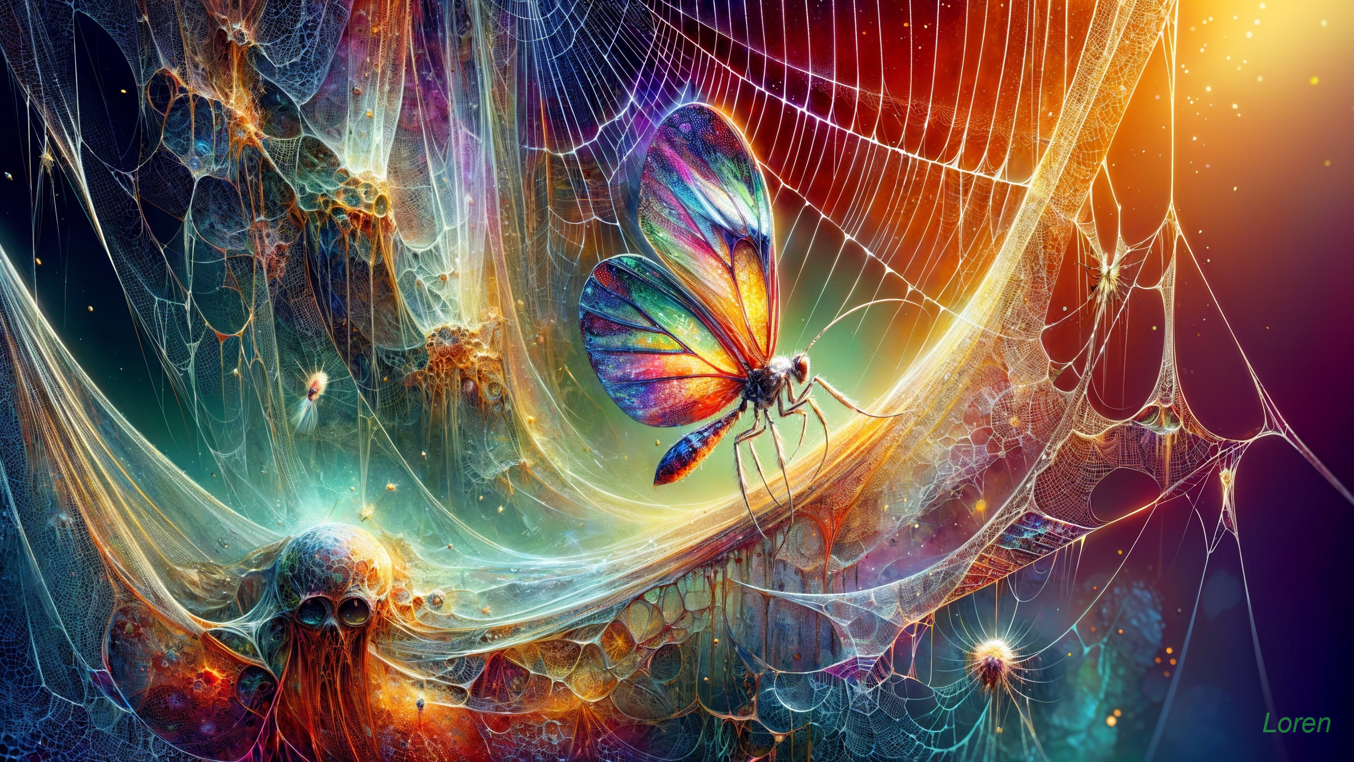 Surreal Butterfly on Shimmering Web in Dreamlike Scene