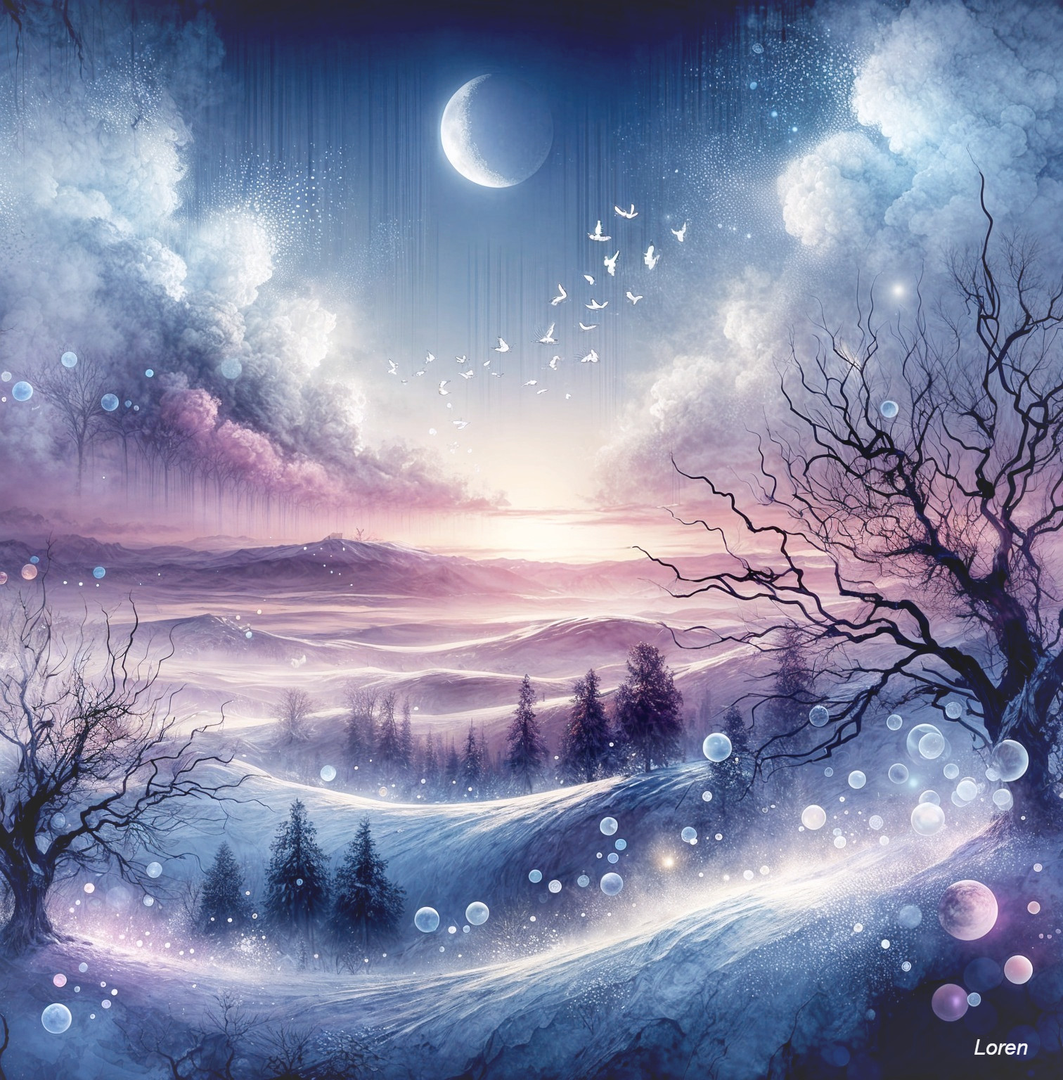 Serene Winter Landscape with Twilight Sky and Trees