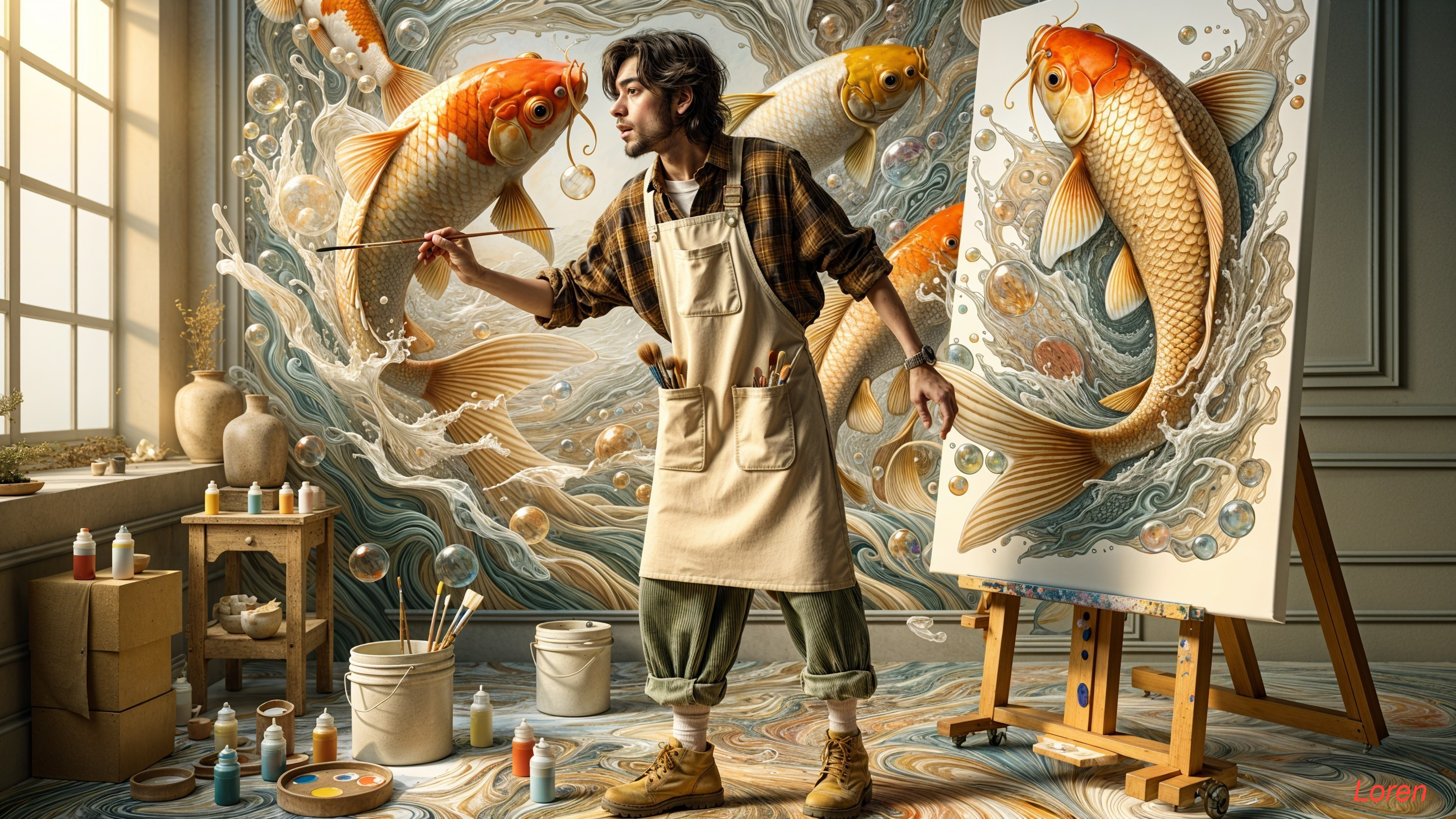 Artist in Studio Painting Koi Fish on Large Canvas