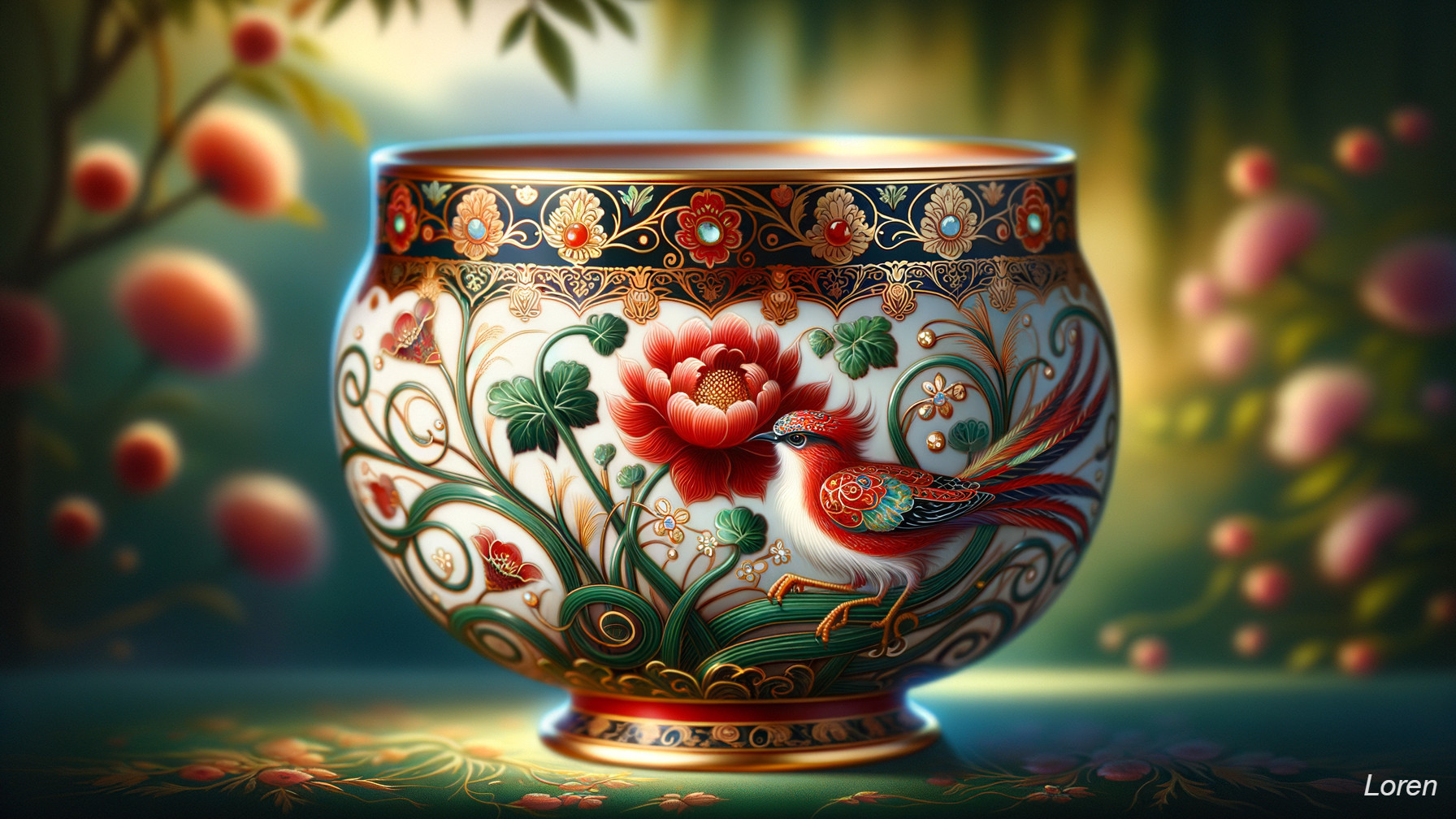 Ceramic Bowl with Floral Patterns and Vibrant Bird