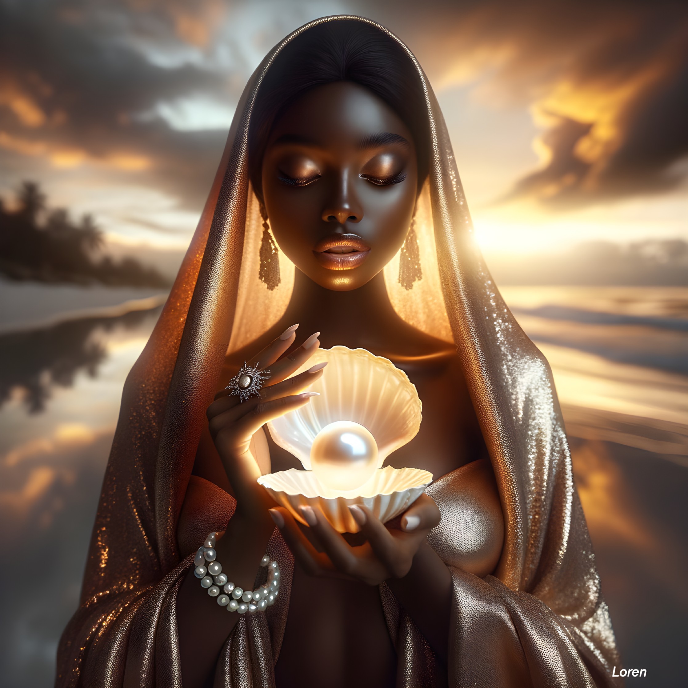 Portrait of a Woman with Pearl at Beach Sunset