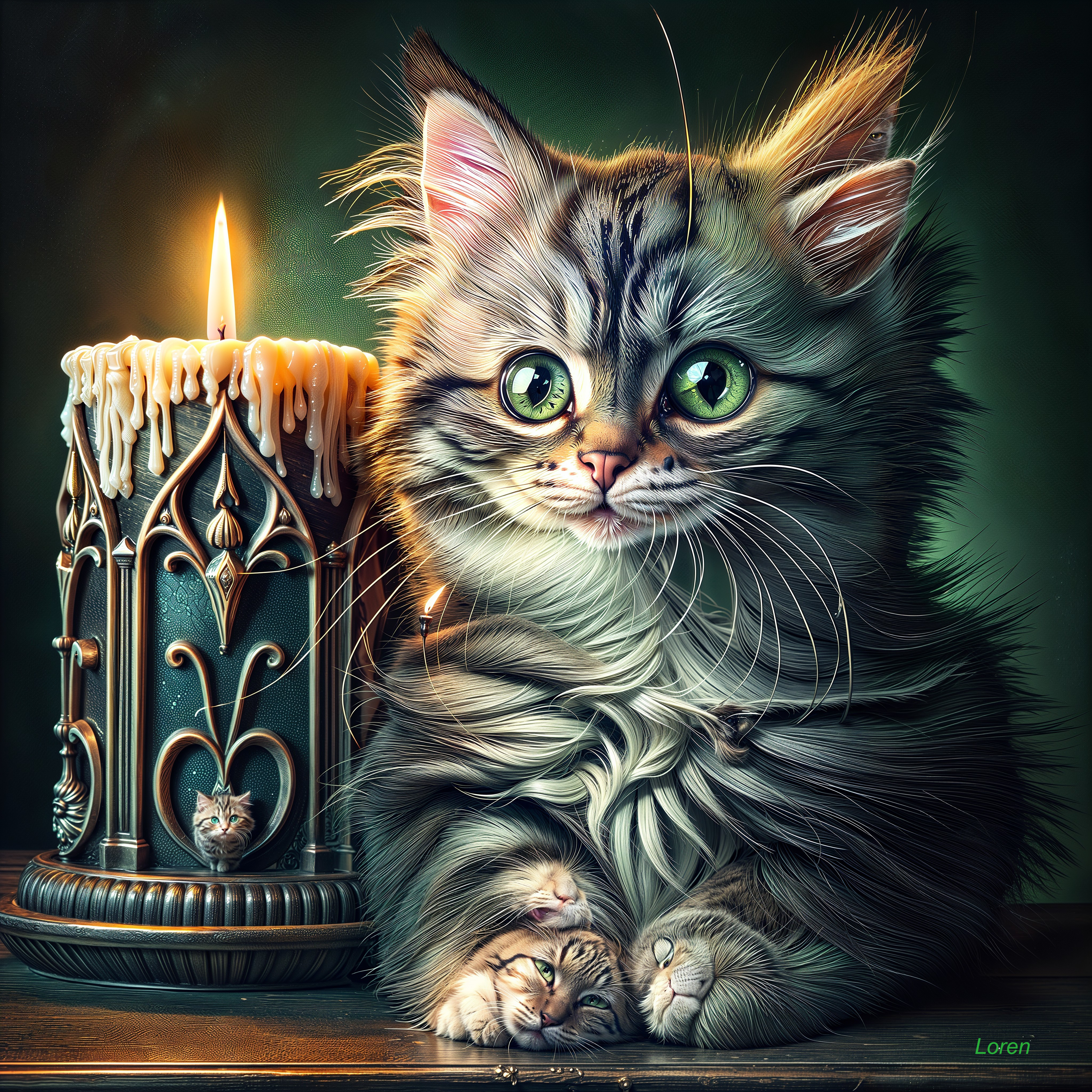 Fluffy Cat and Kittens by an Ornate Candle Glow
