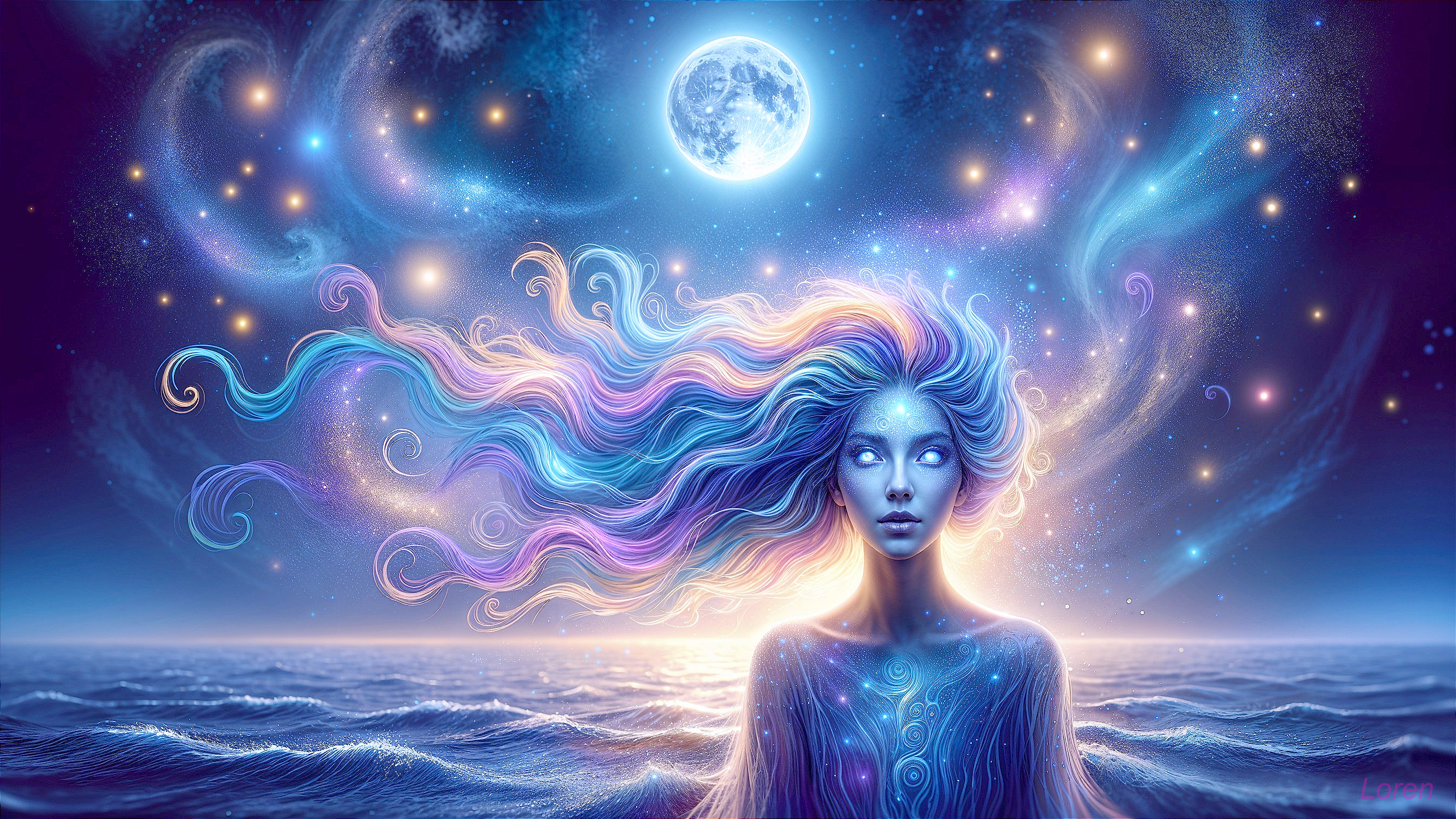 Mystical figure in serene waters with cosmic colors