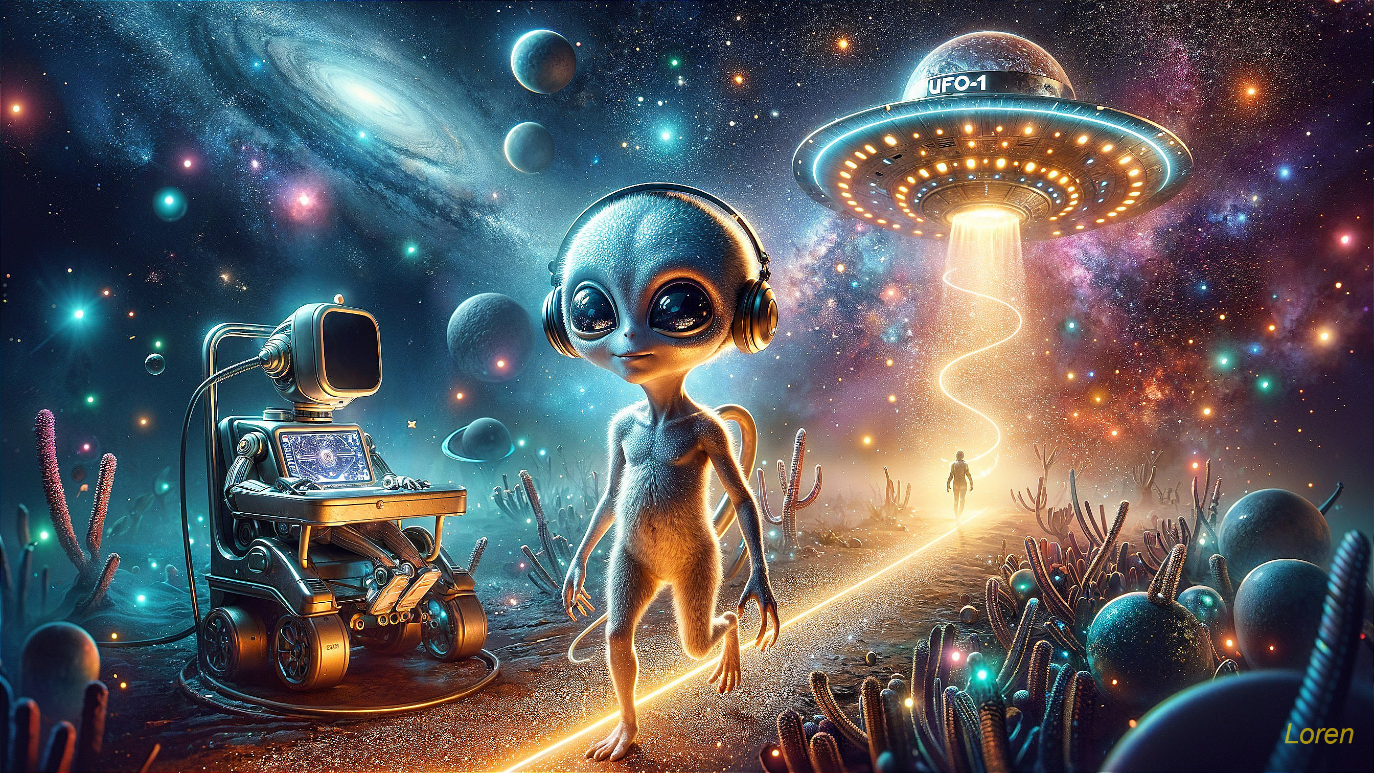 Whimsical Alien and Robot in a Cosmic Landscape