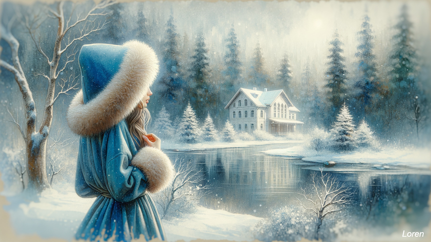 Winter Landscape with Woman by Icy Lake and Trees