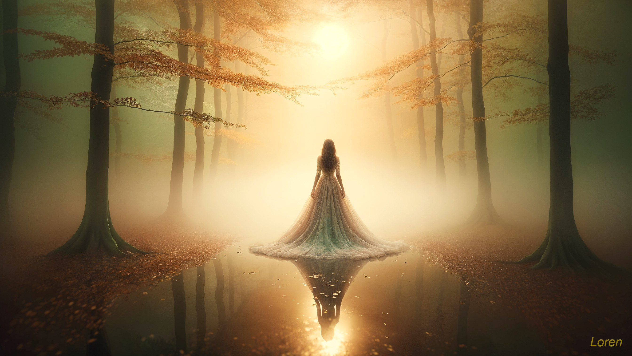 Mystical forest scene with elegant figure by pool