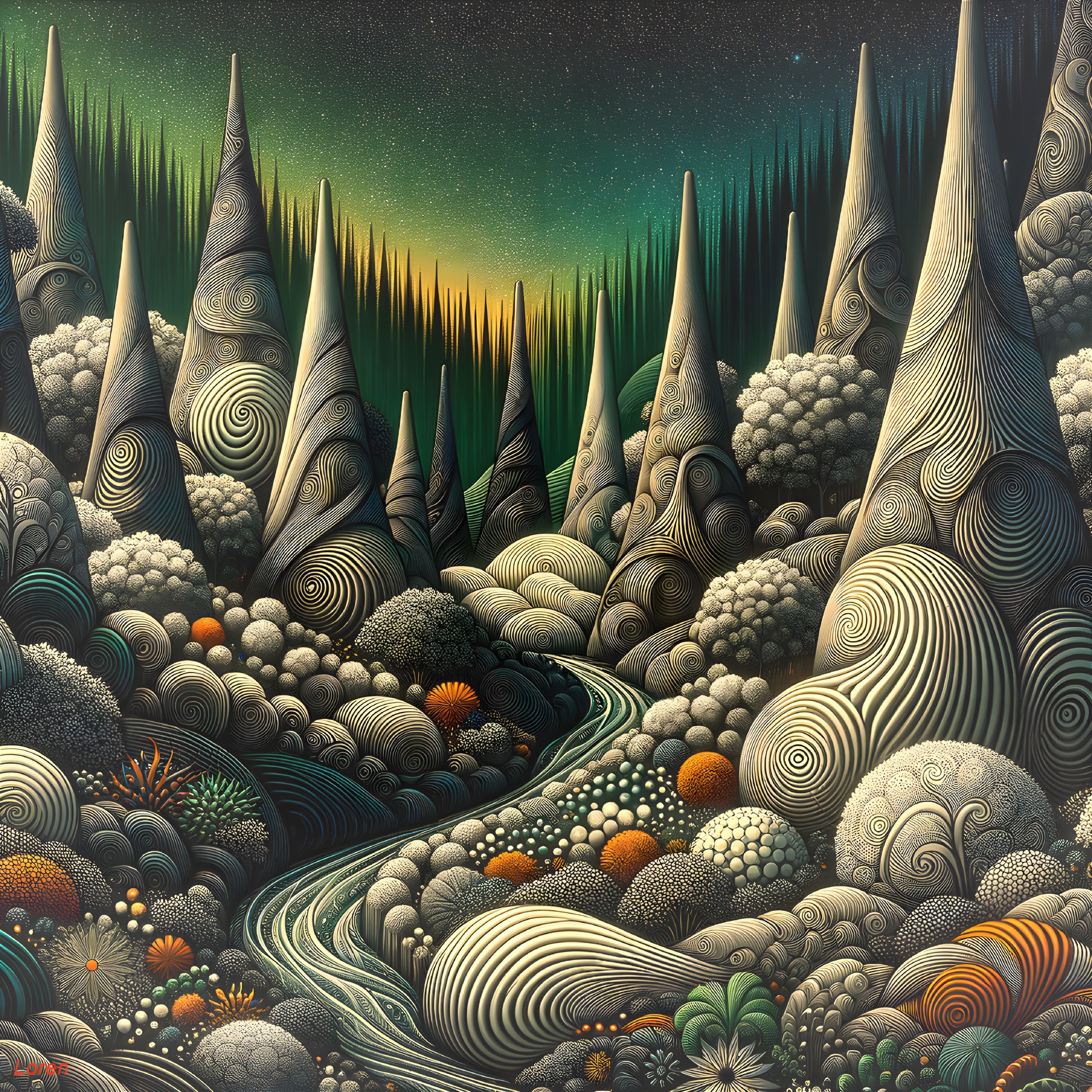 Surreal Landscape with Spiraling Trees and River