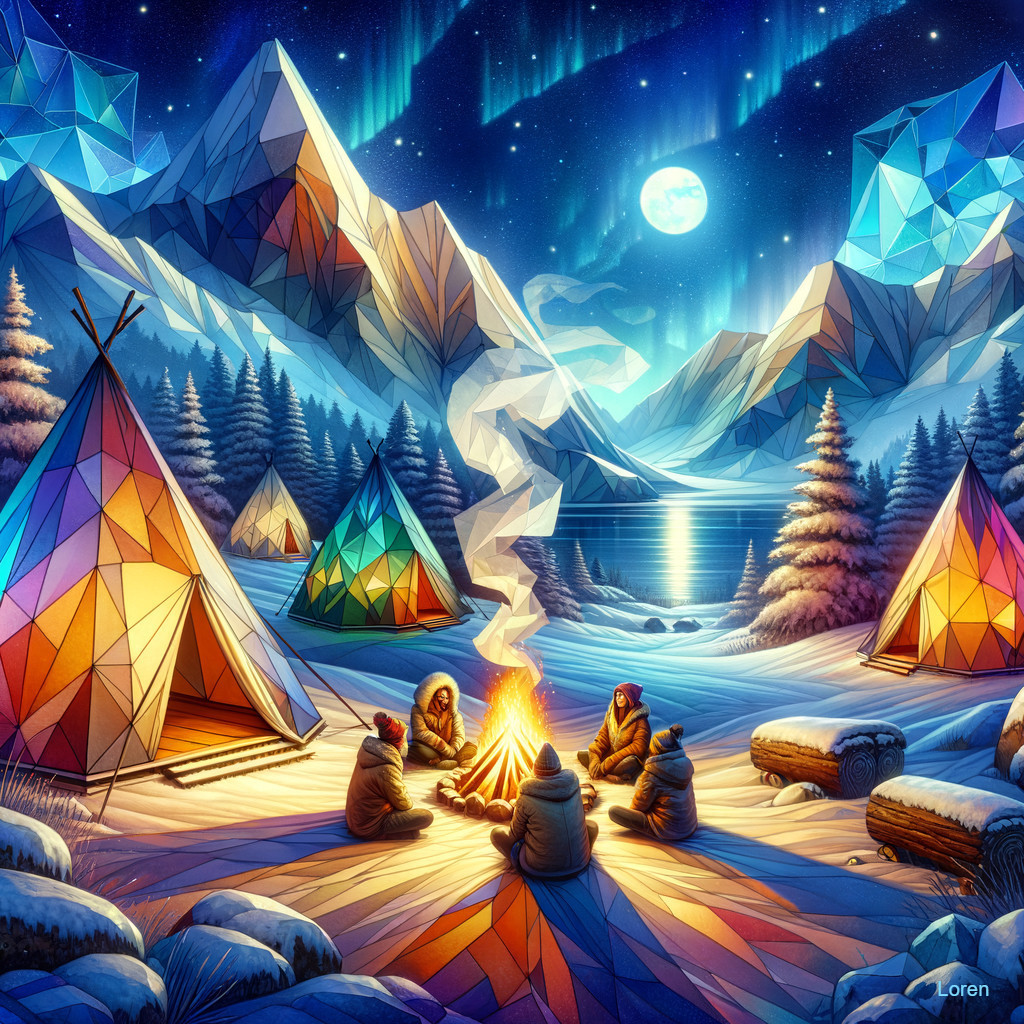 Geometric Landscape with Campfire and Northern Lights
