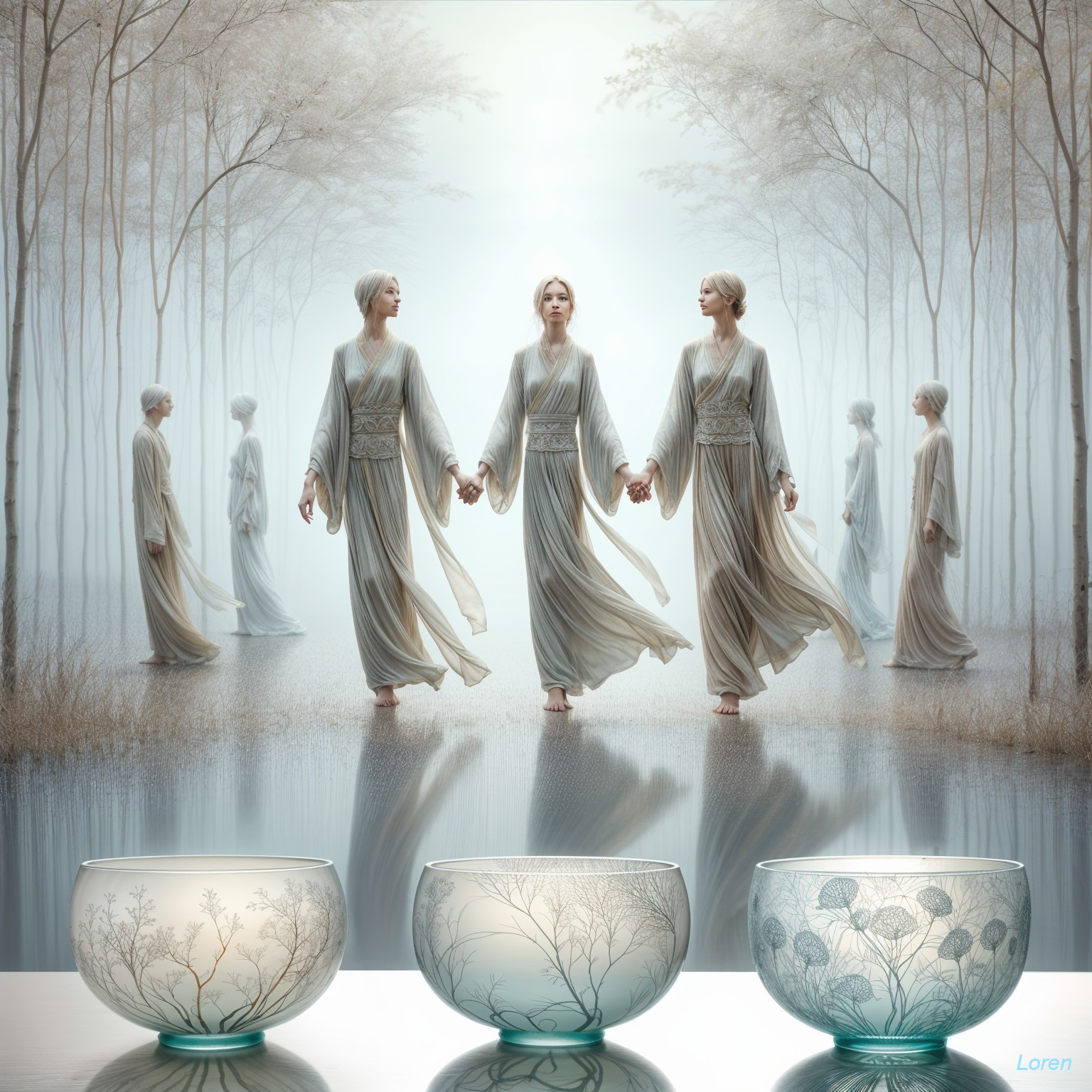 Ethereal Landscape with Figures in Water and Glass Bowls