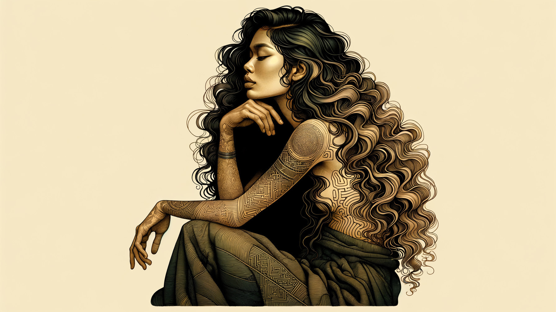Woman's Profile with Curly Hair and Intricate Tattoos