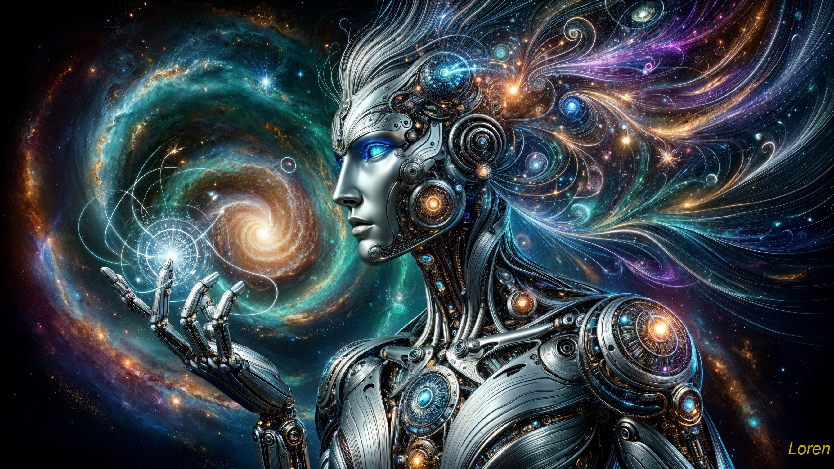 Futuristic humanoid figure in cosmic backdrop with orb