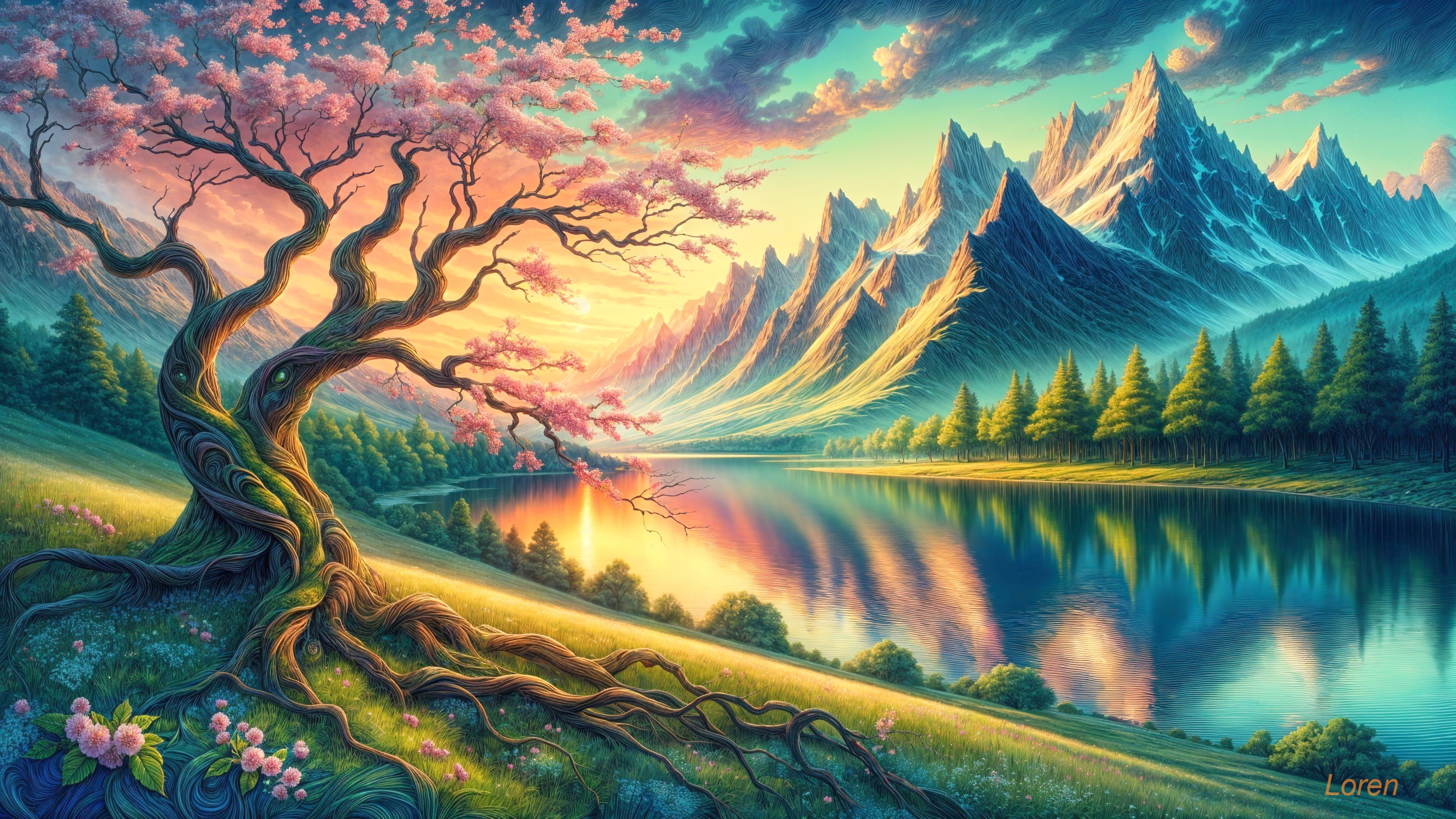 Serene landscape with lake, mountains, and blossoms