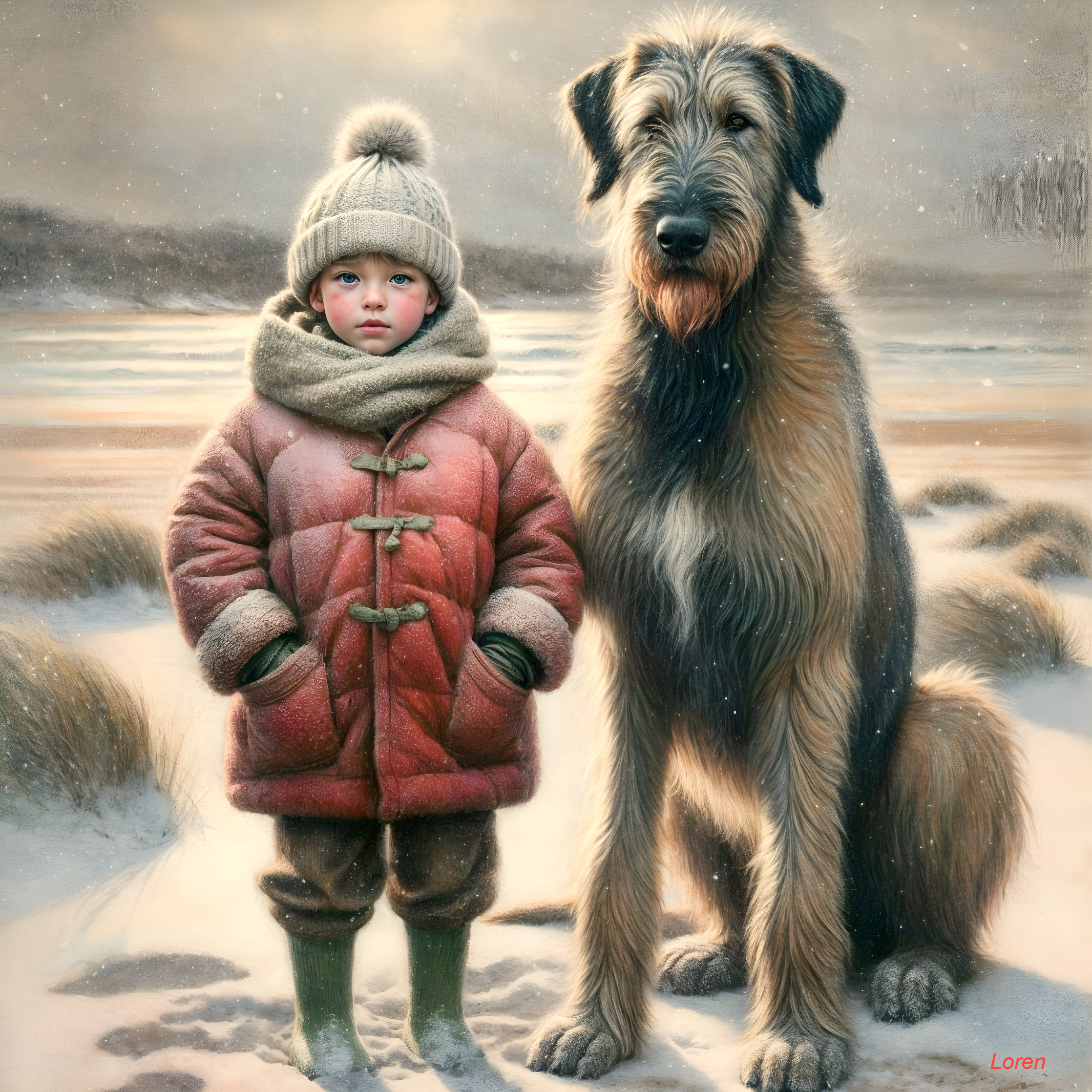 Child and Irish Wolfhound in a snowy landscape