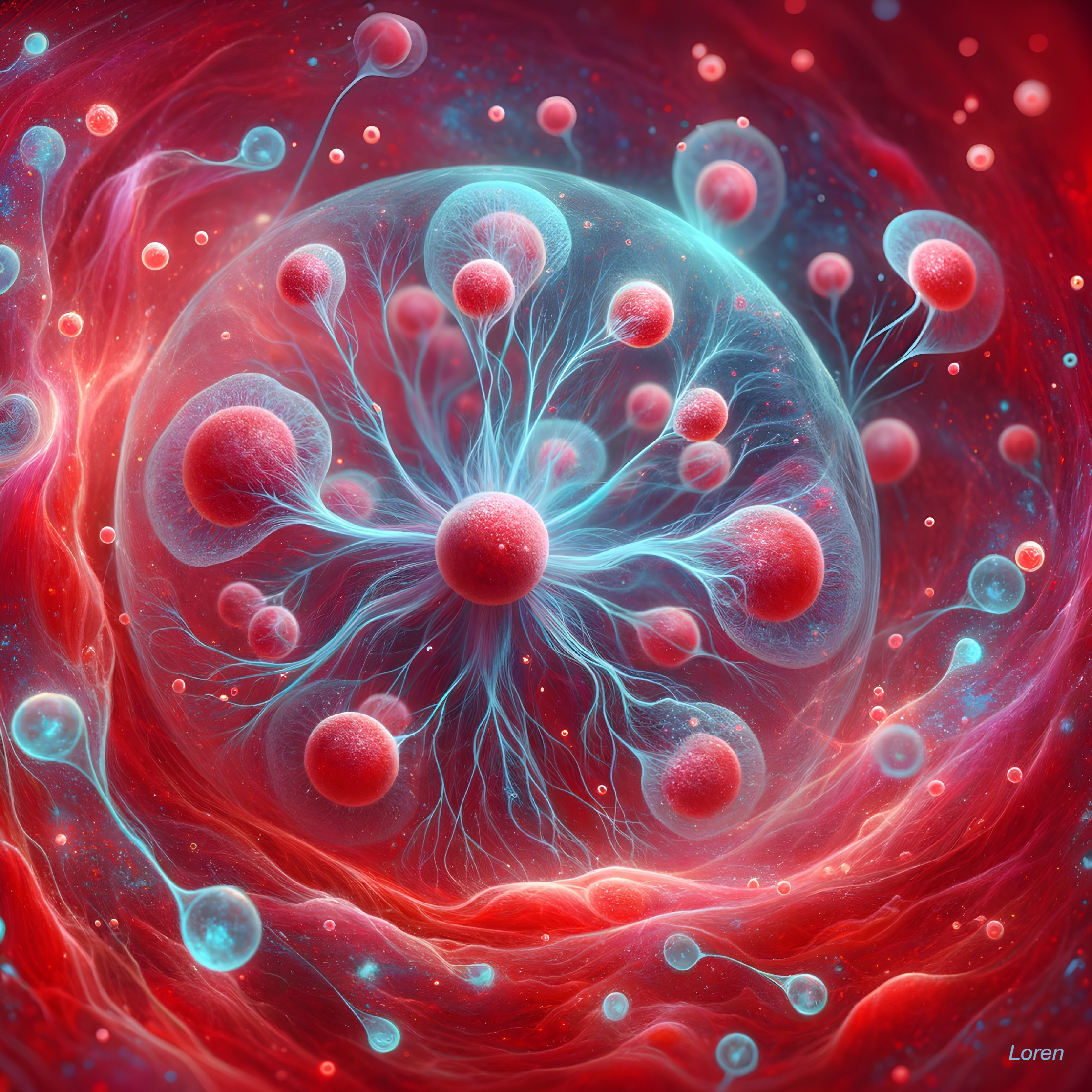 Abstract Cells in Swirling Red and Blue Background