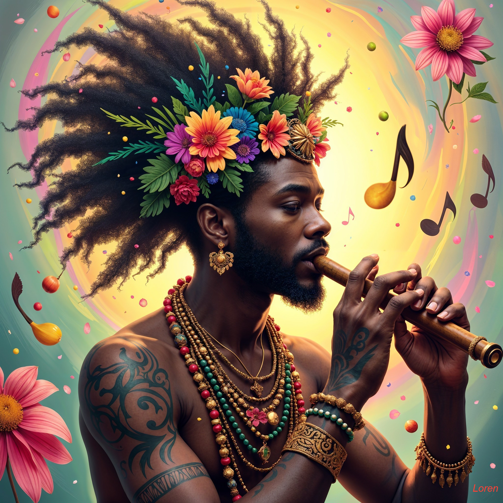 Portrait of a man with flute and floral headdress
