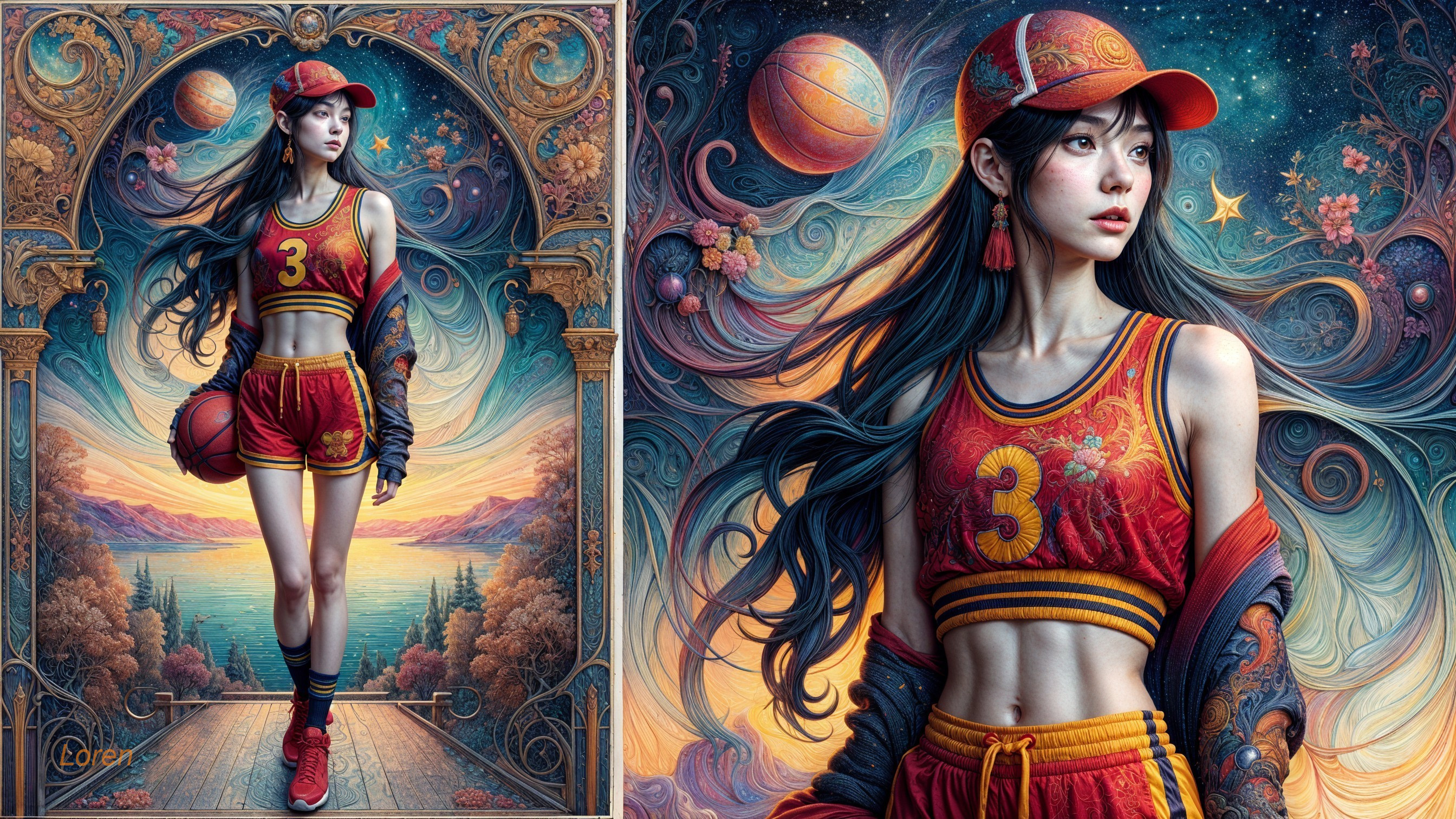 Young Woman in Colorful Basketball Uniform in Space