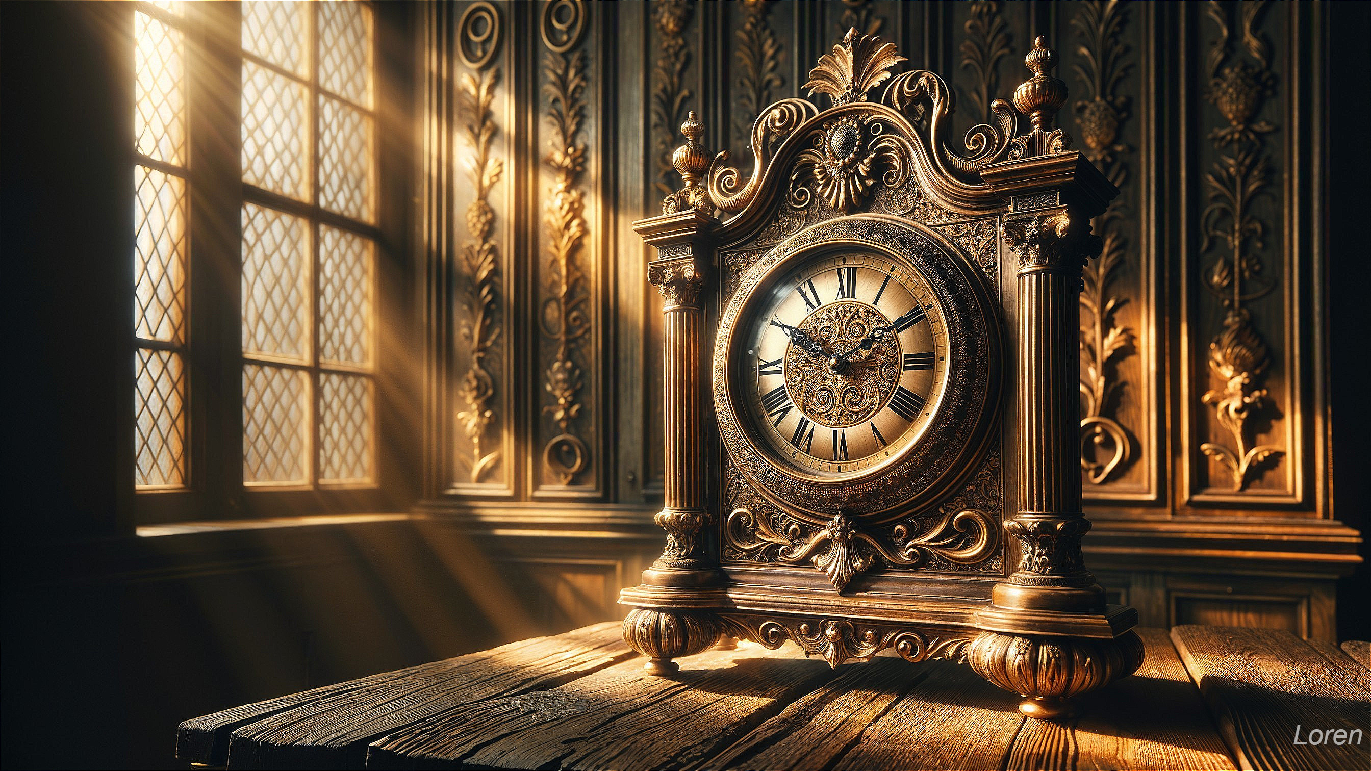 Vintage Ornate Clock on Wooden Table in Sunlight