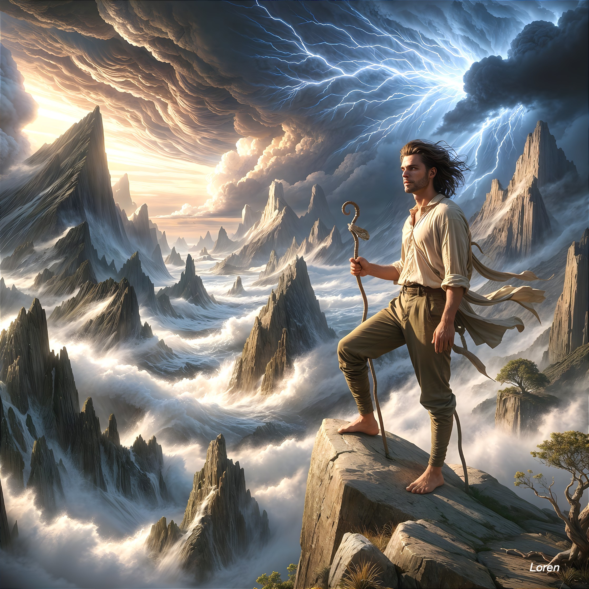 Cliffside Figure with Staff at Dramatic Sunset Scene