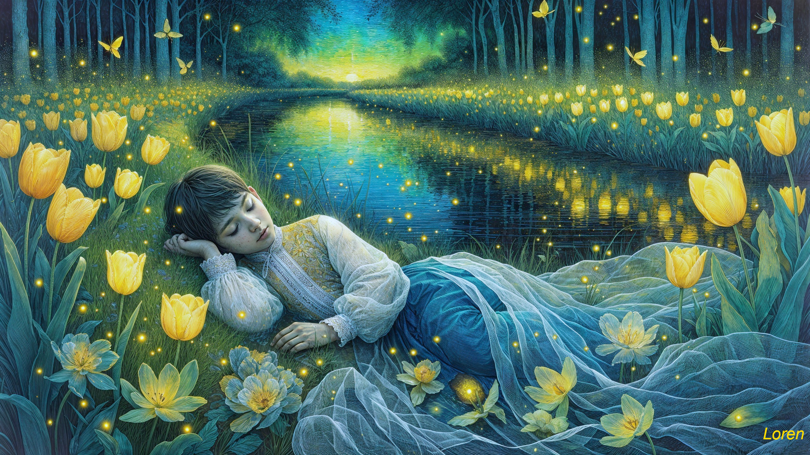 Young girl sleeping by a river with tulips and fireflies
