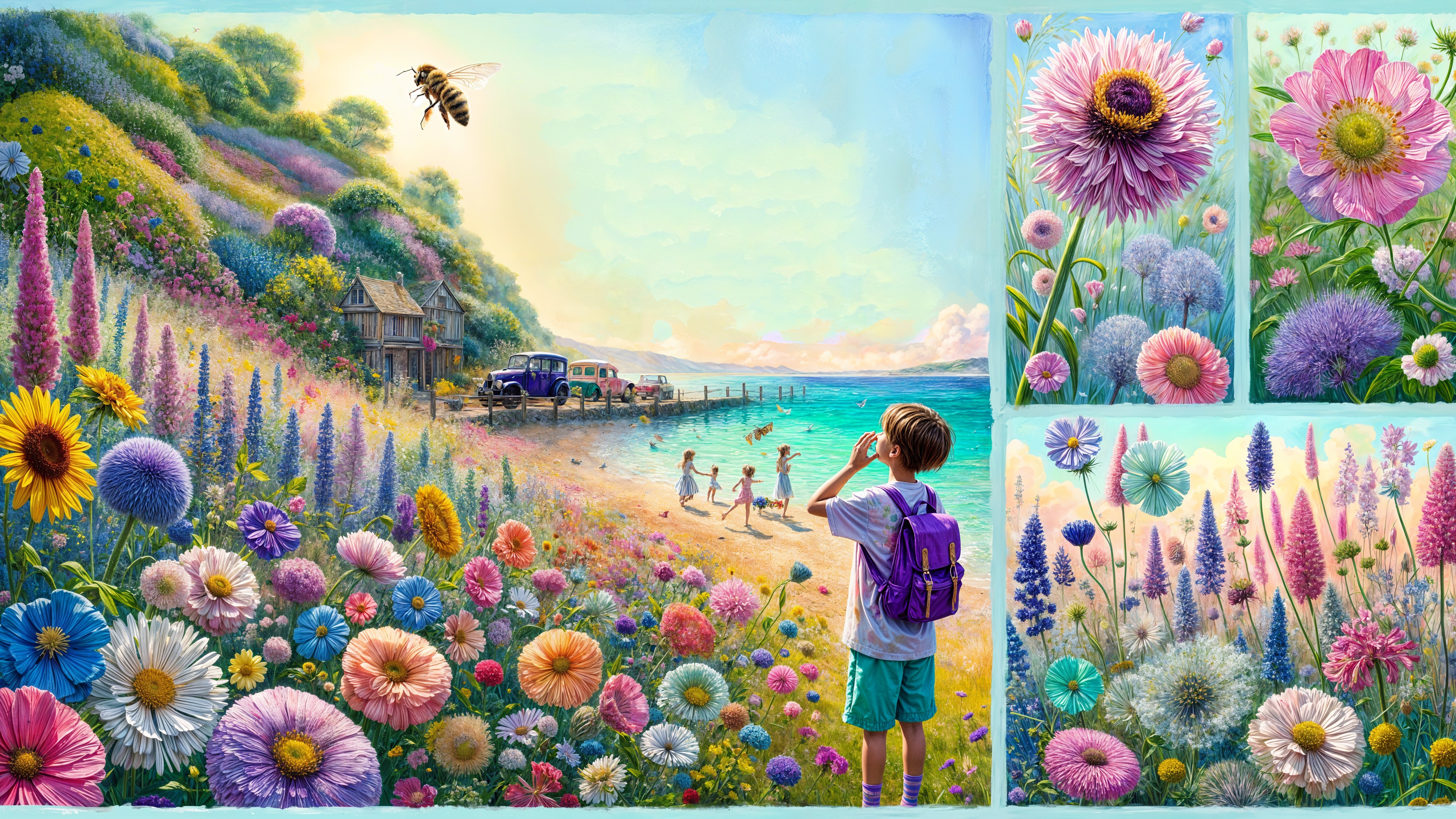 Coastal Scene with Child and Colorful Wildflowers