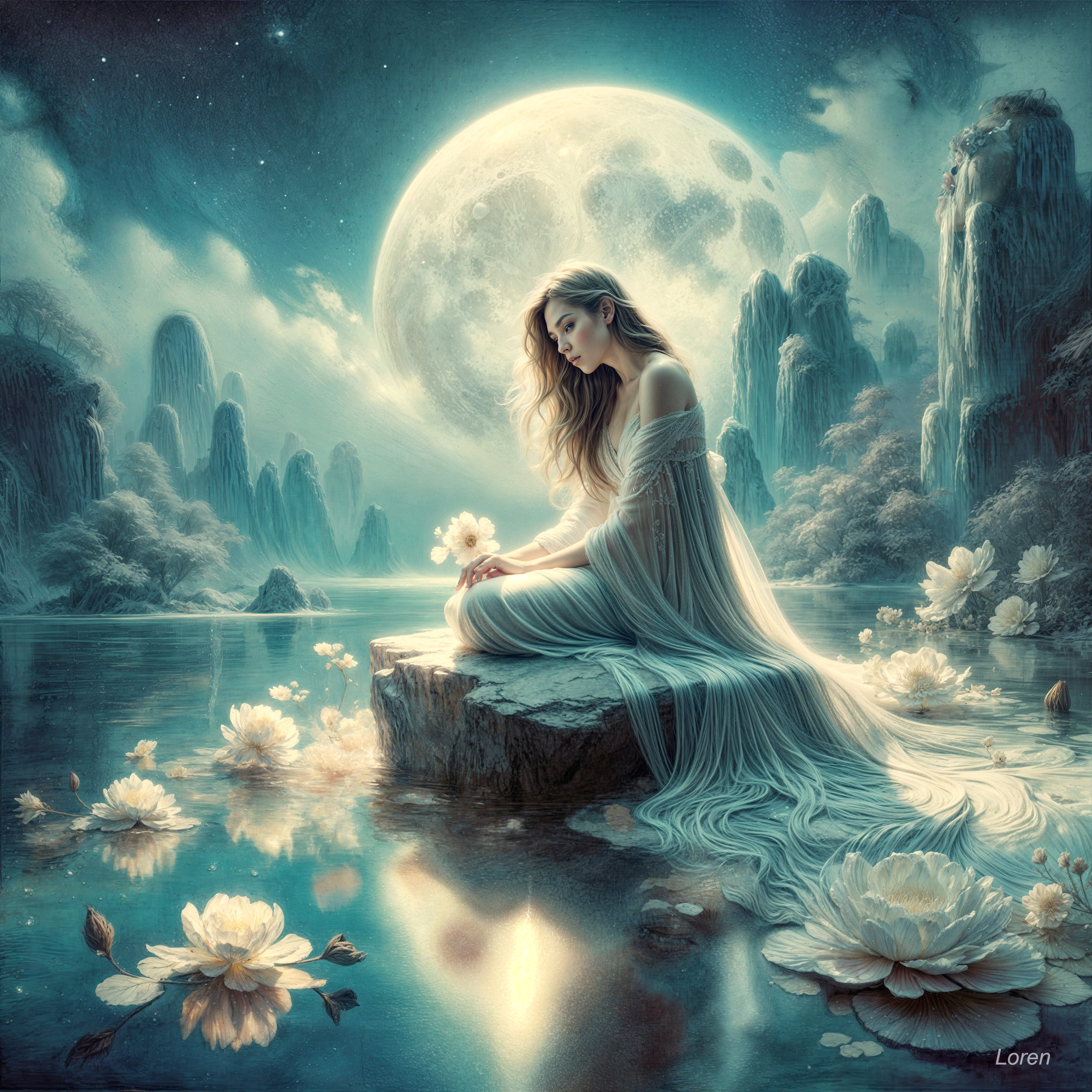 Serene woman in white by tranquil lotus waters