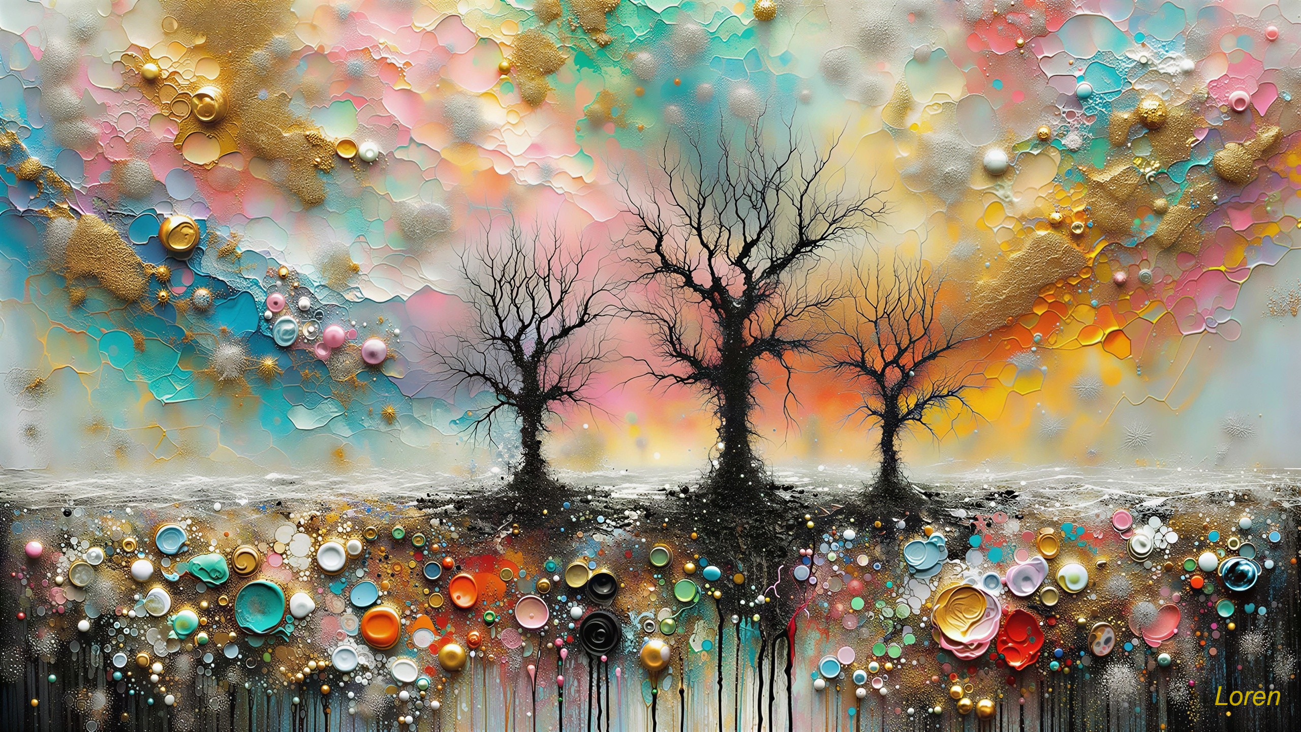 Abstract Landscape with Textured Trees and Colorful Sky