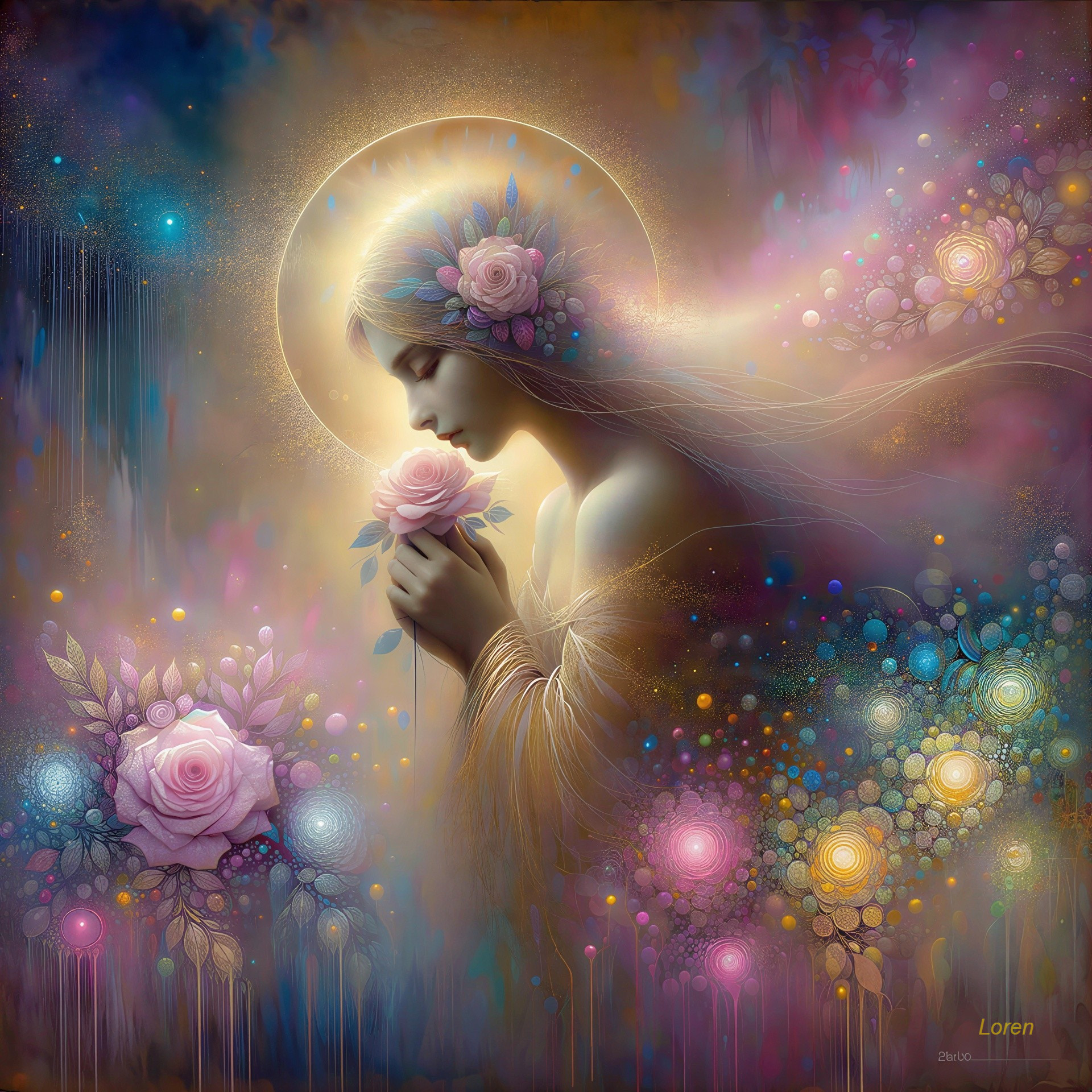 Ethereal Woman with Pink Roses in Mystical Landscape