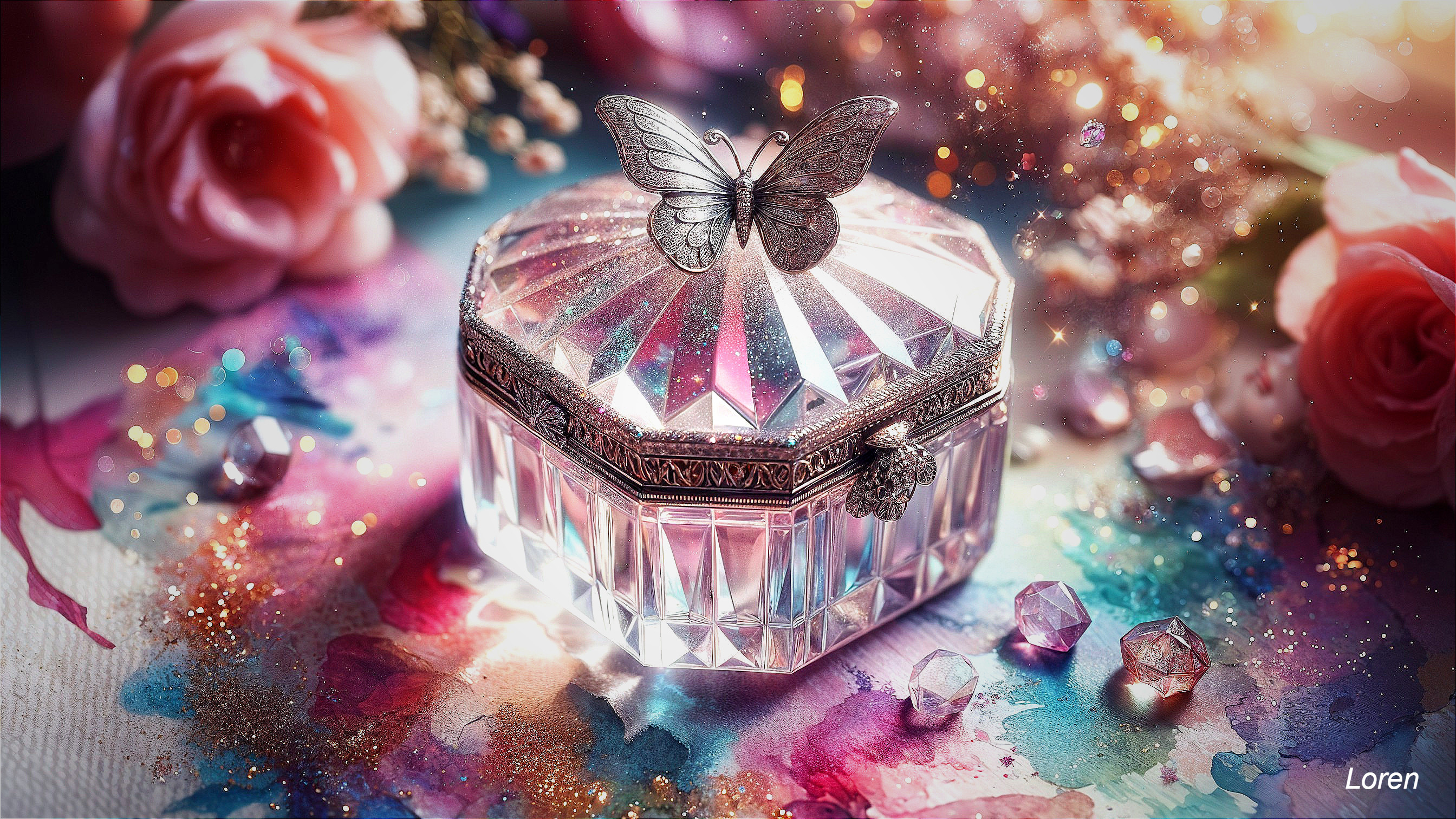 Crystal Box with Silver Butterfly and Watercolor Background