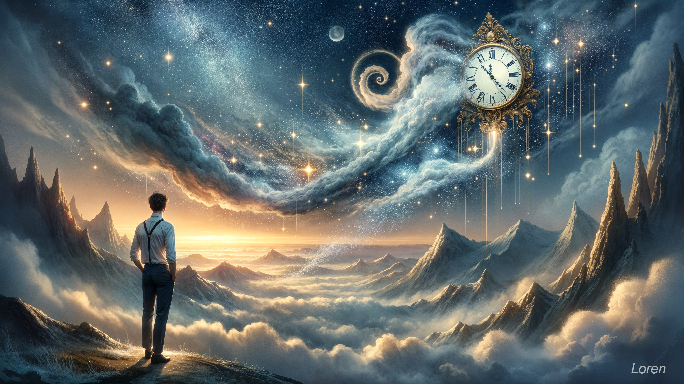 Lone Figure on Cliff in Dreamlike Starry Landscape