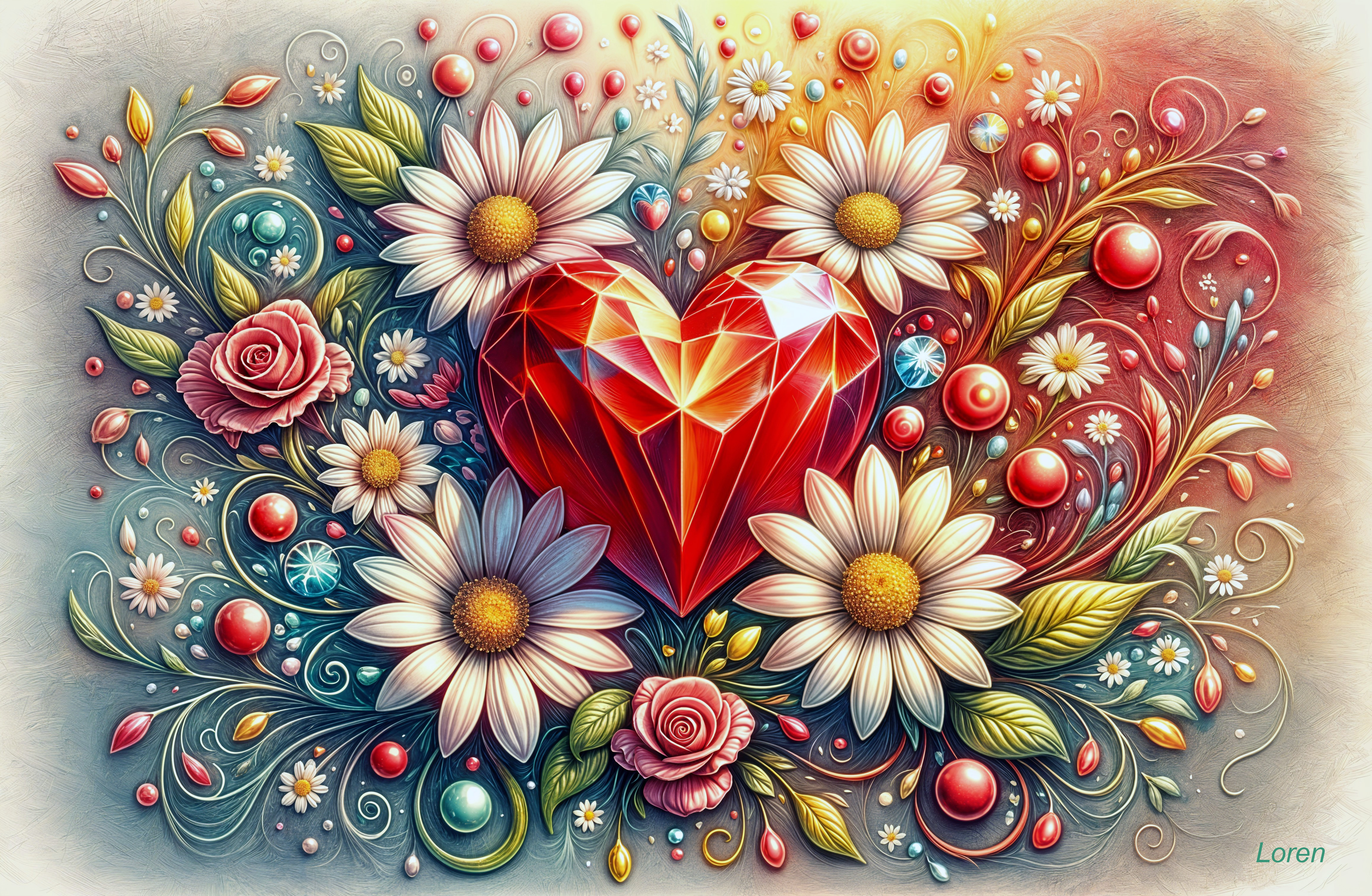 Geometric Red Heart Surrounded by Colorful Flowers