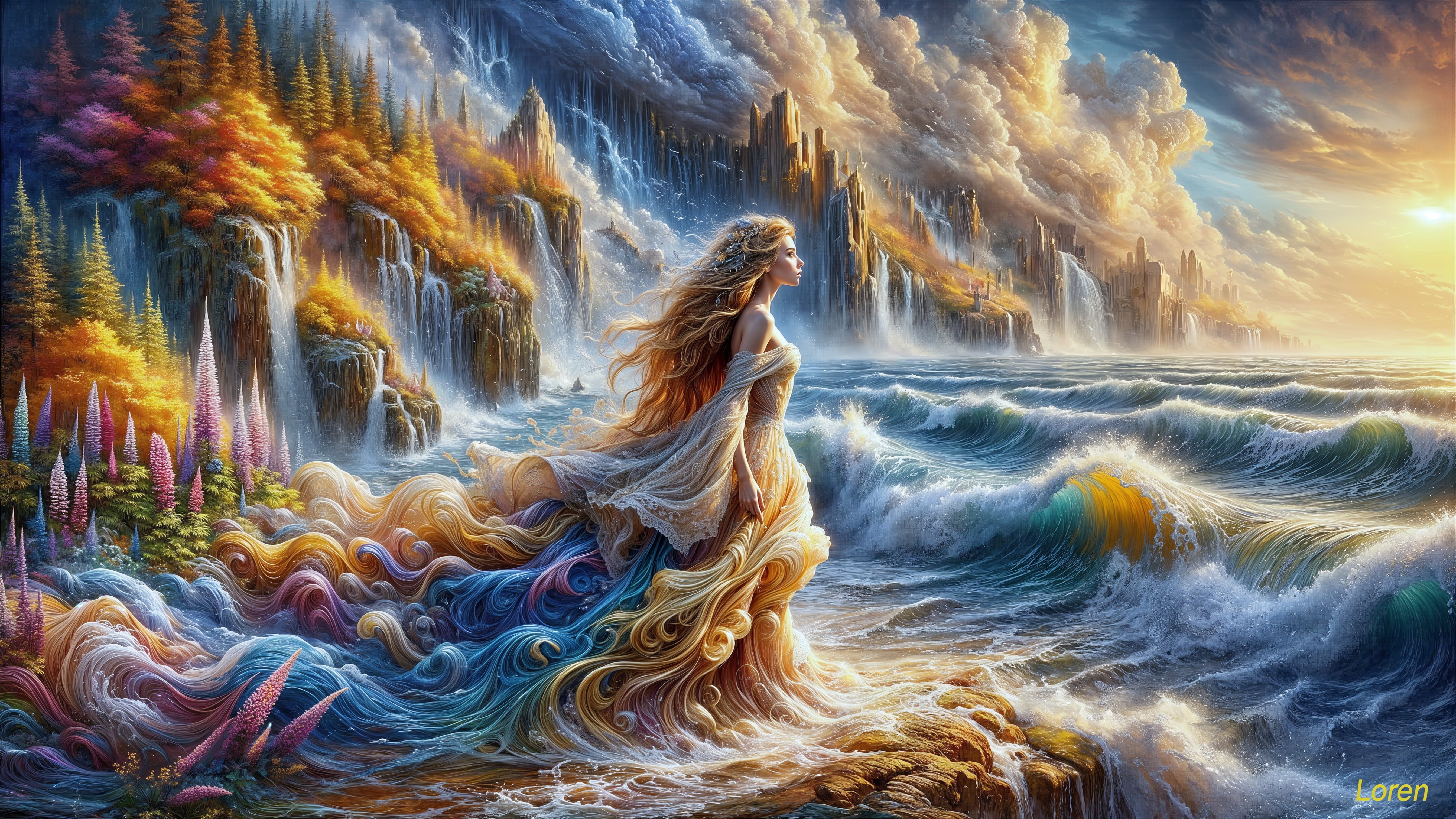 Fantasy Scene of a Woman by Rocky Shore at Sunset