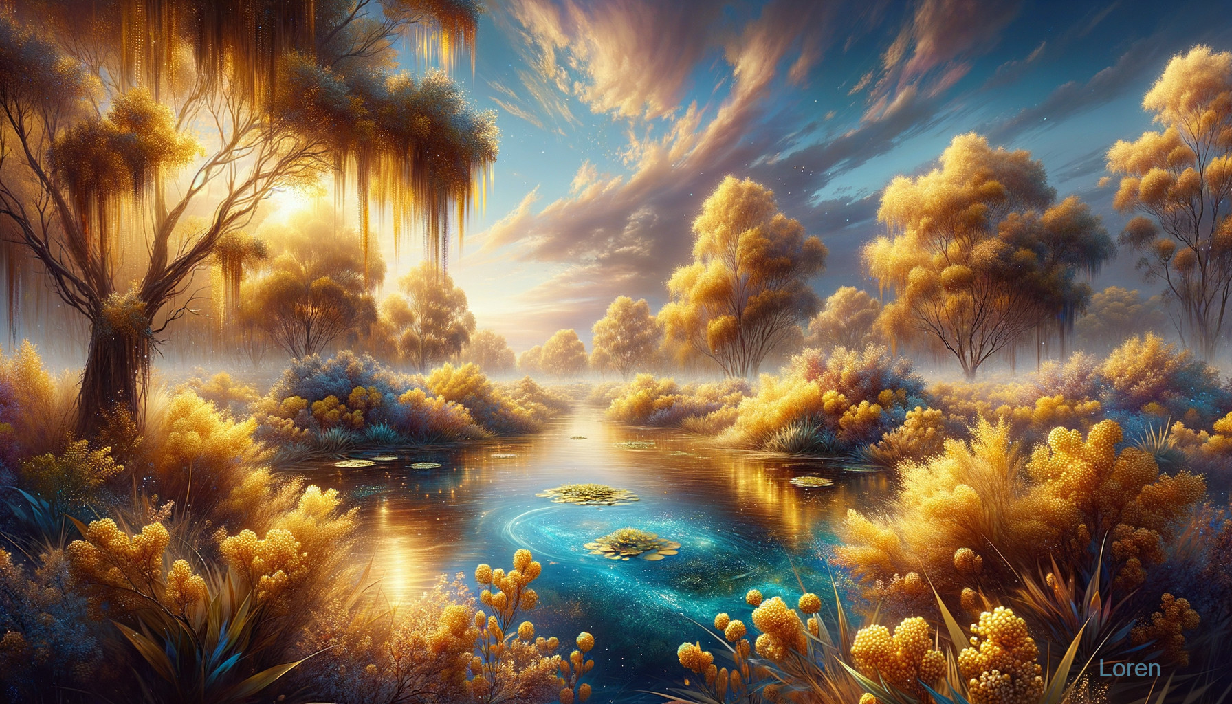 Tranquil Lake Scene with Sunset and Lush Foliage