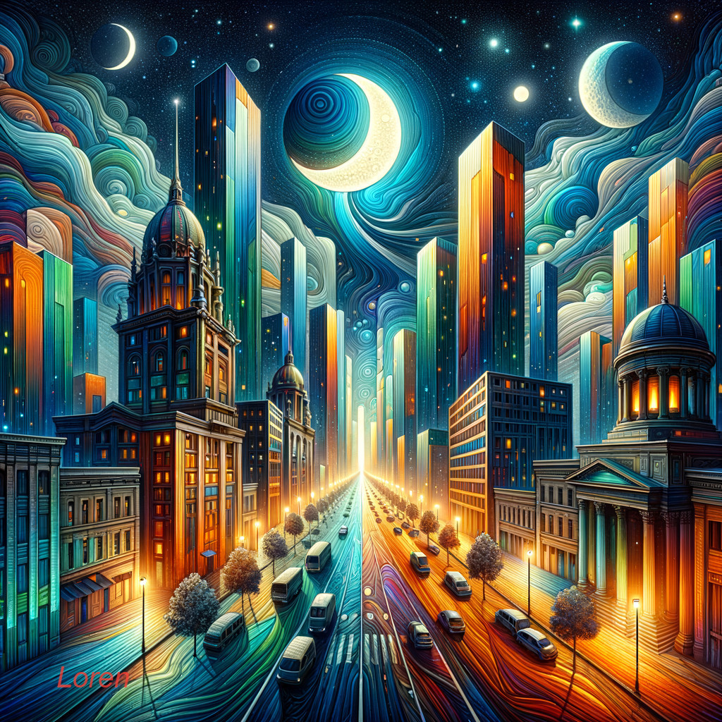 Vibrant Night Cityscape with Illuminated Skyscrapers