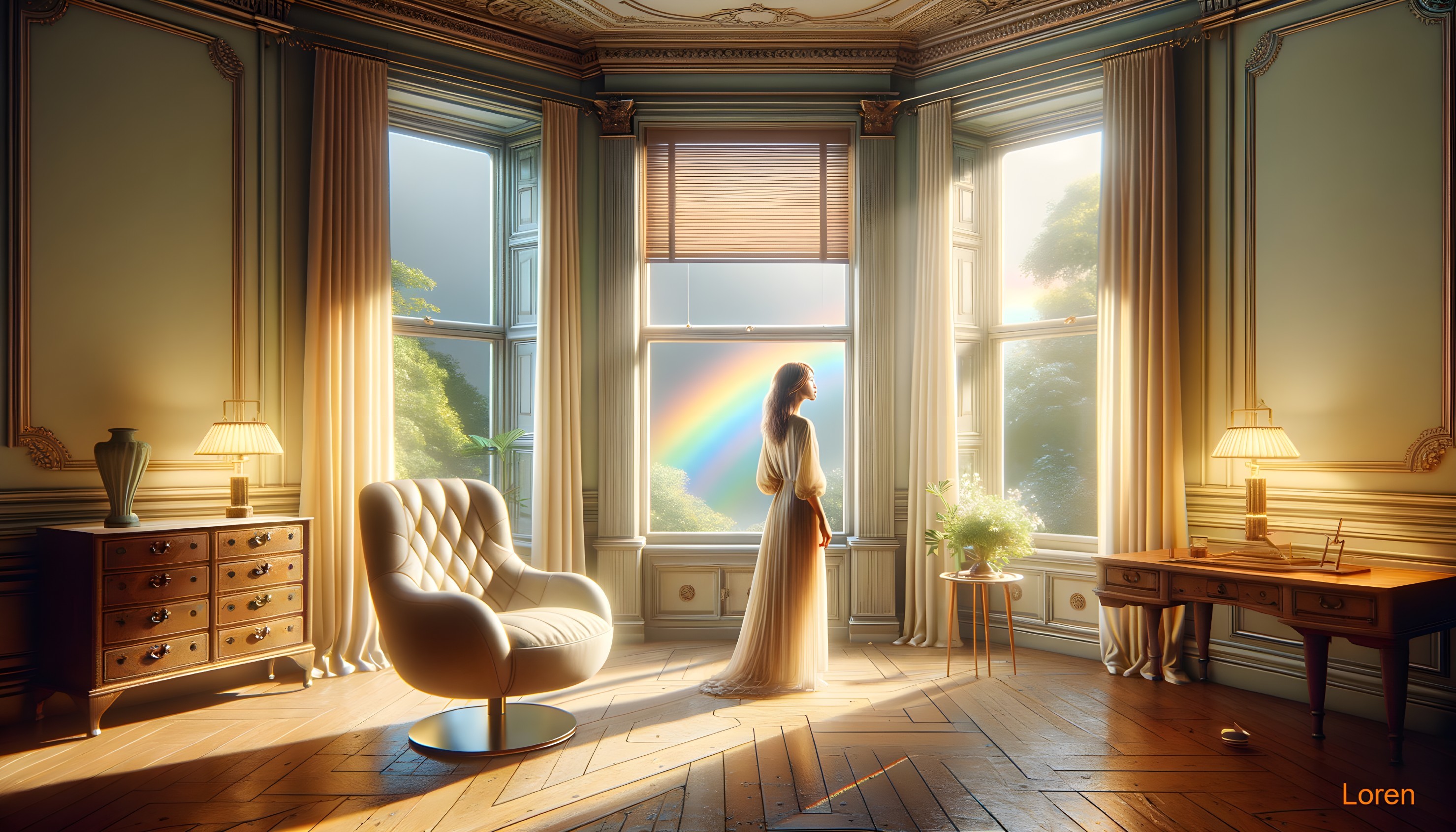 Serene Interior with Woman by Window and Rainbow