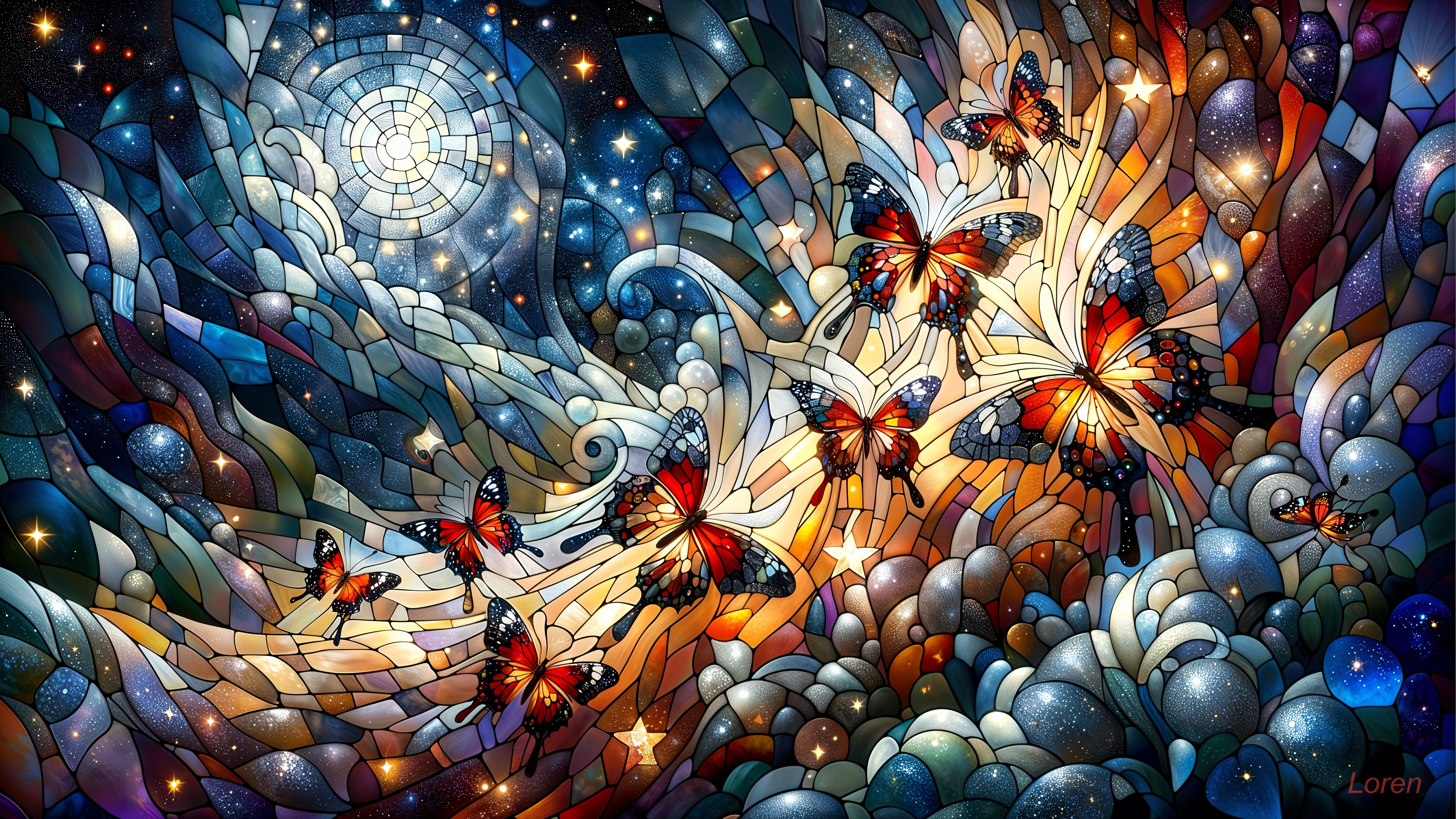 Vibrant Stained-Glass Cosmic Scene with Butterflies