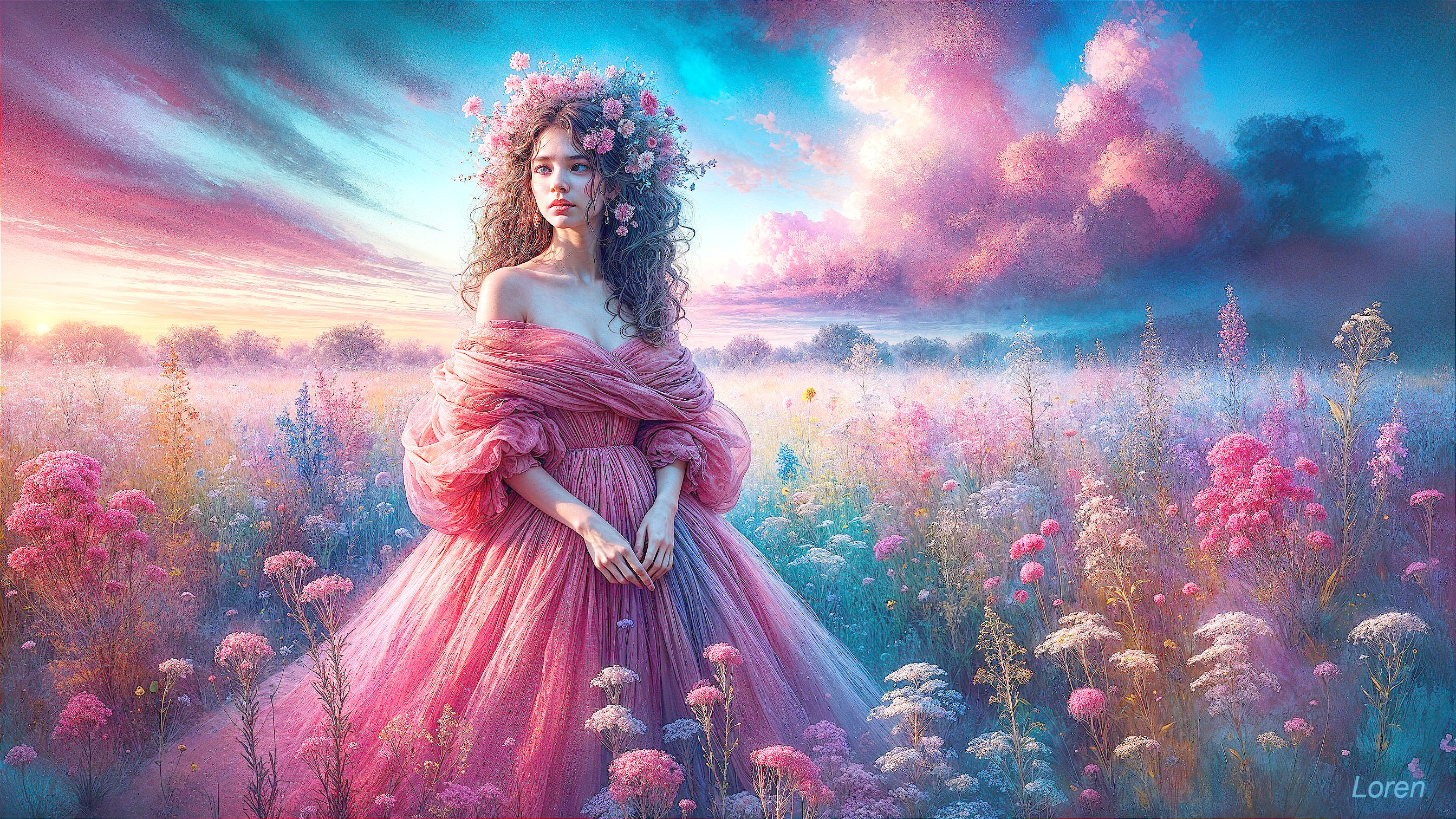 Young woman in ethereal gown in vibrant flower field