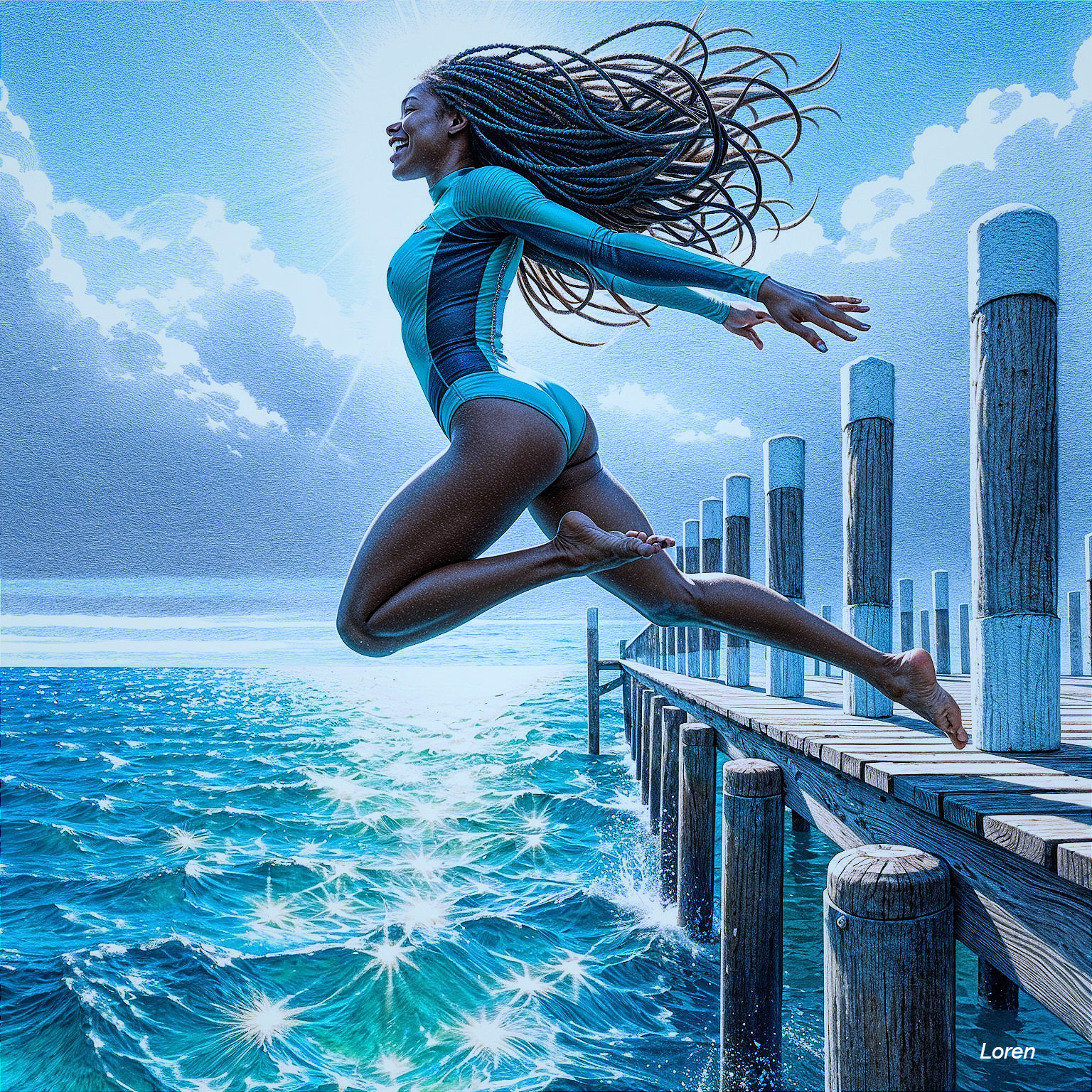 Joyful woman leaping into sparkling blue waters