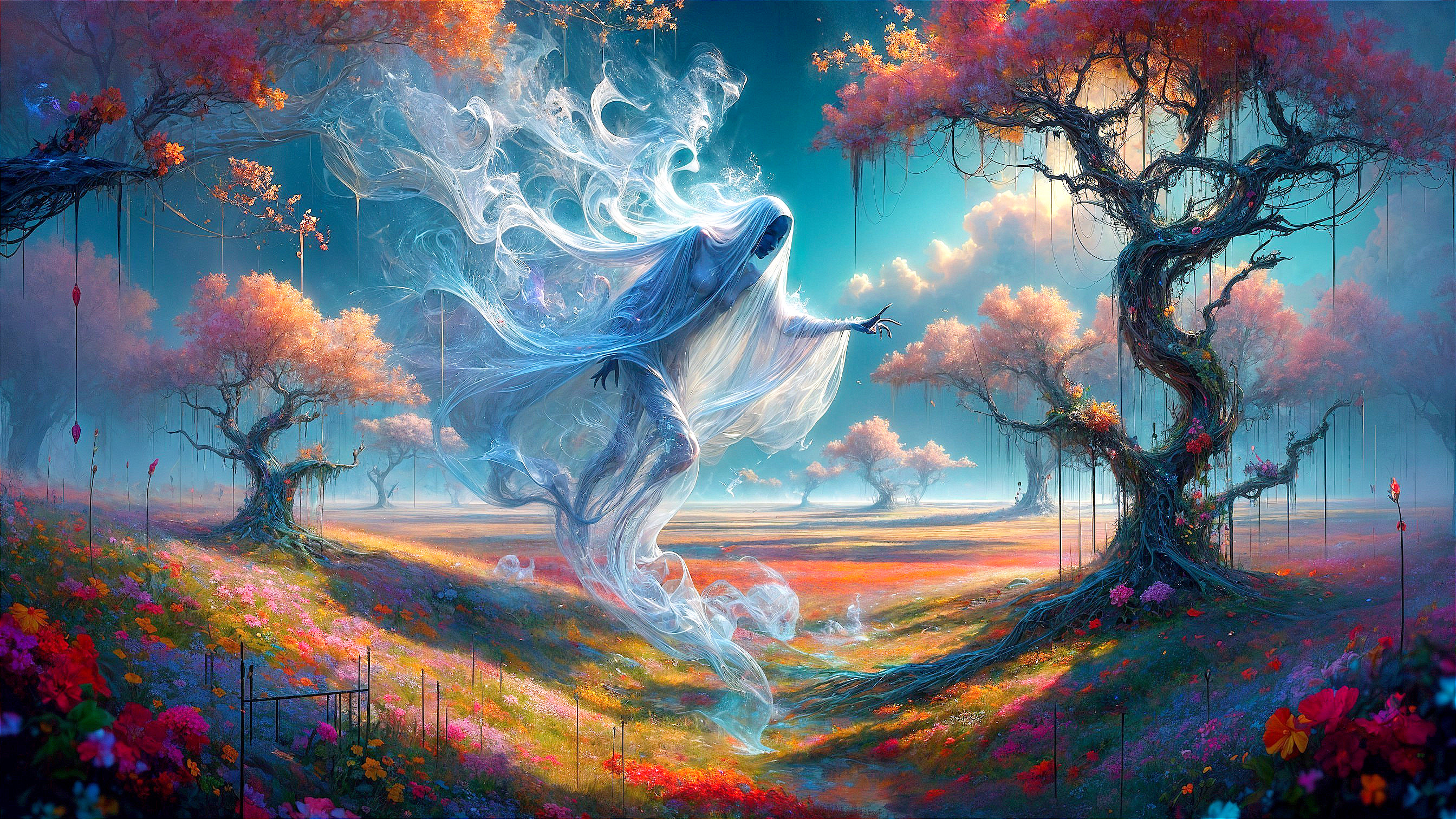Ethereal Figure in Vibrant Fantasy Landscape