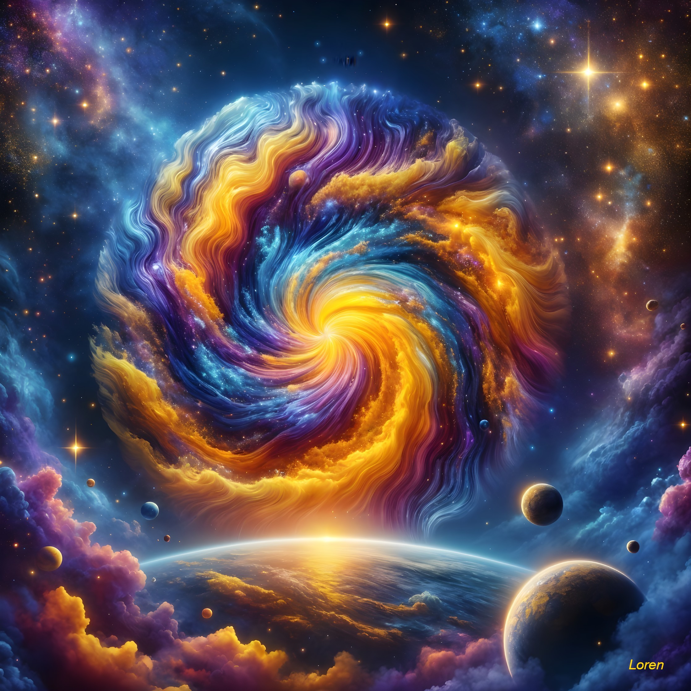 Vibrant Cosmic Swirl with Planet and Celestial Bodies