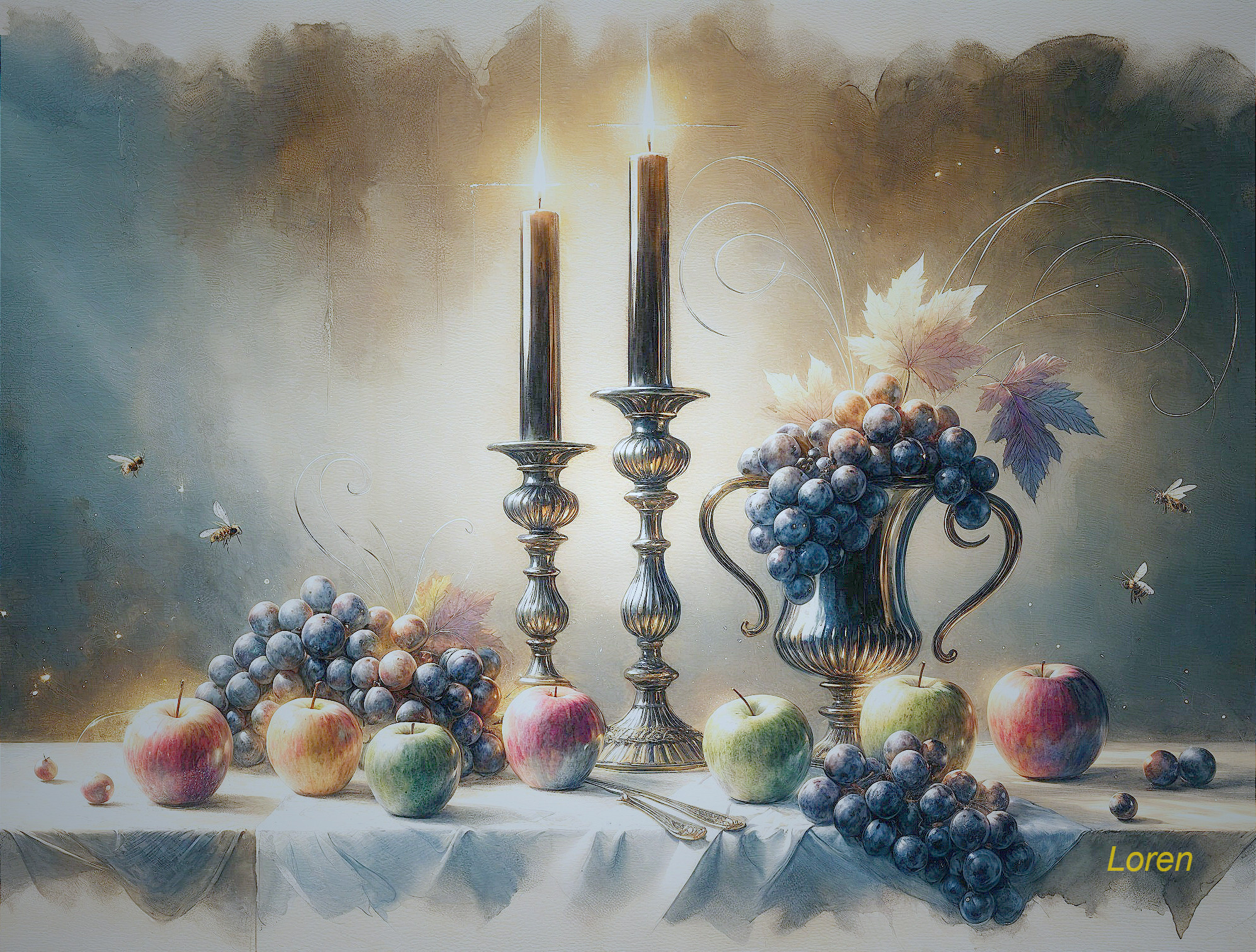 Elegant Candle Holders with Fruits in Soft Lighting