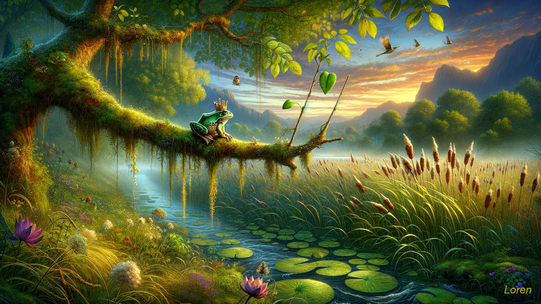Whimsical Frog in a Magical Landscape at Sunset
