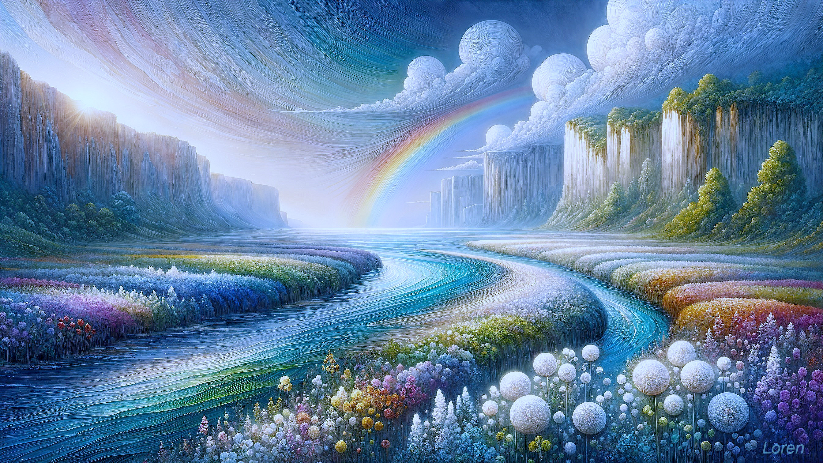 Vibrant Landscape with Rivers, Meadows, and Rainbows