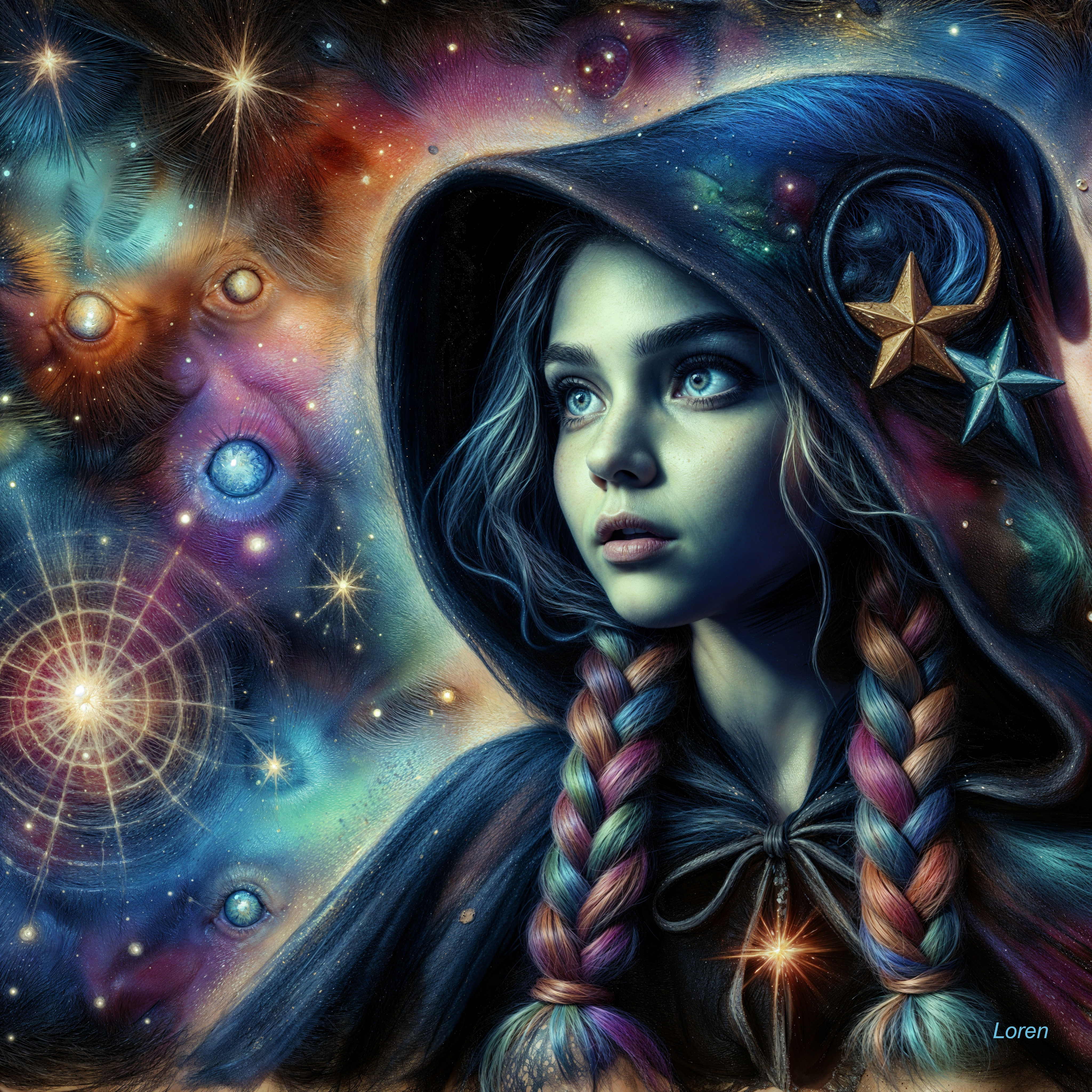 Girl in Cloak Gazing at Cosmic Galaxy Scene