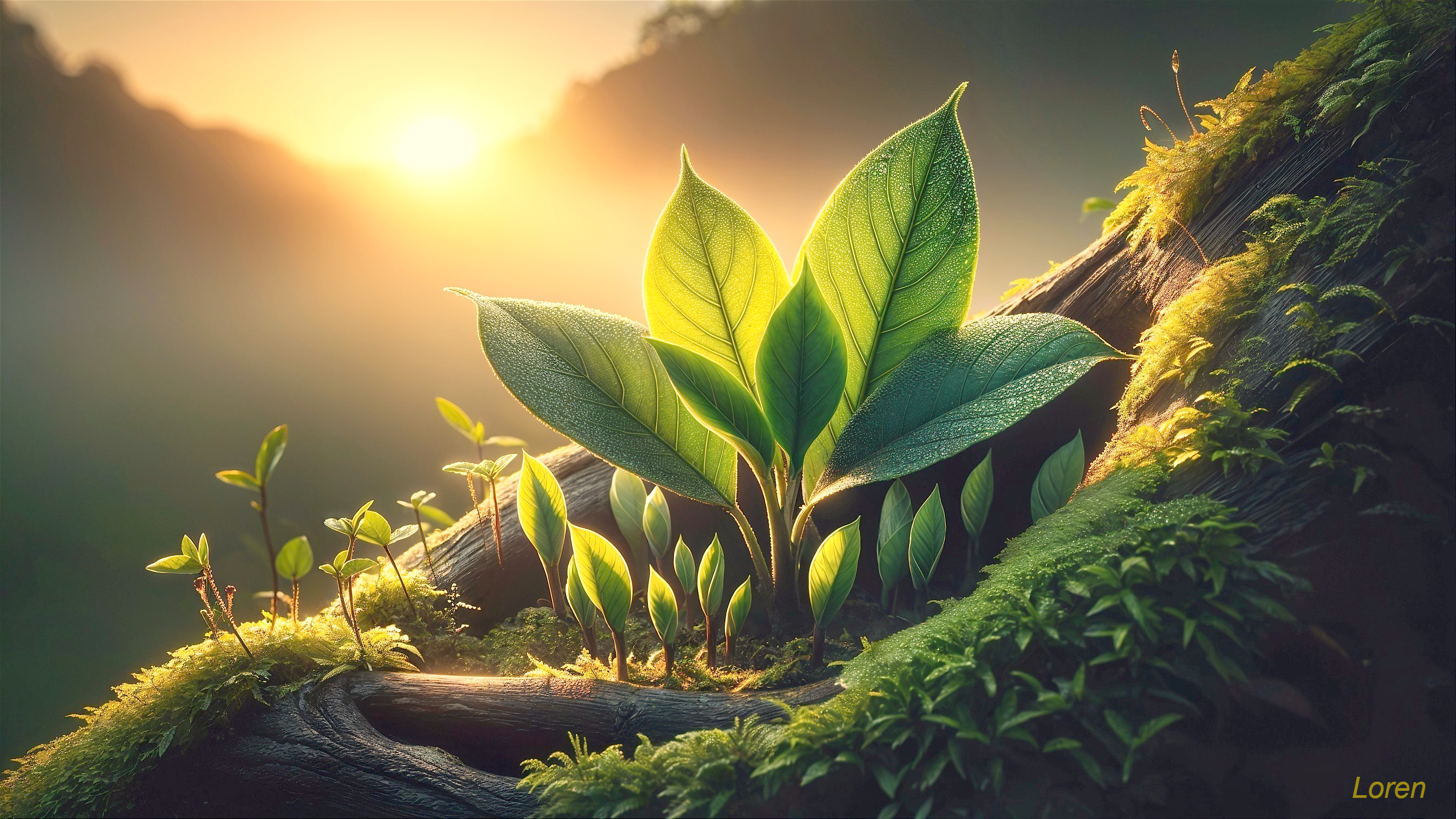 Vibrant Green Leaves on a Weathered Log in Nature