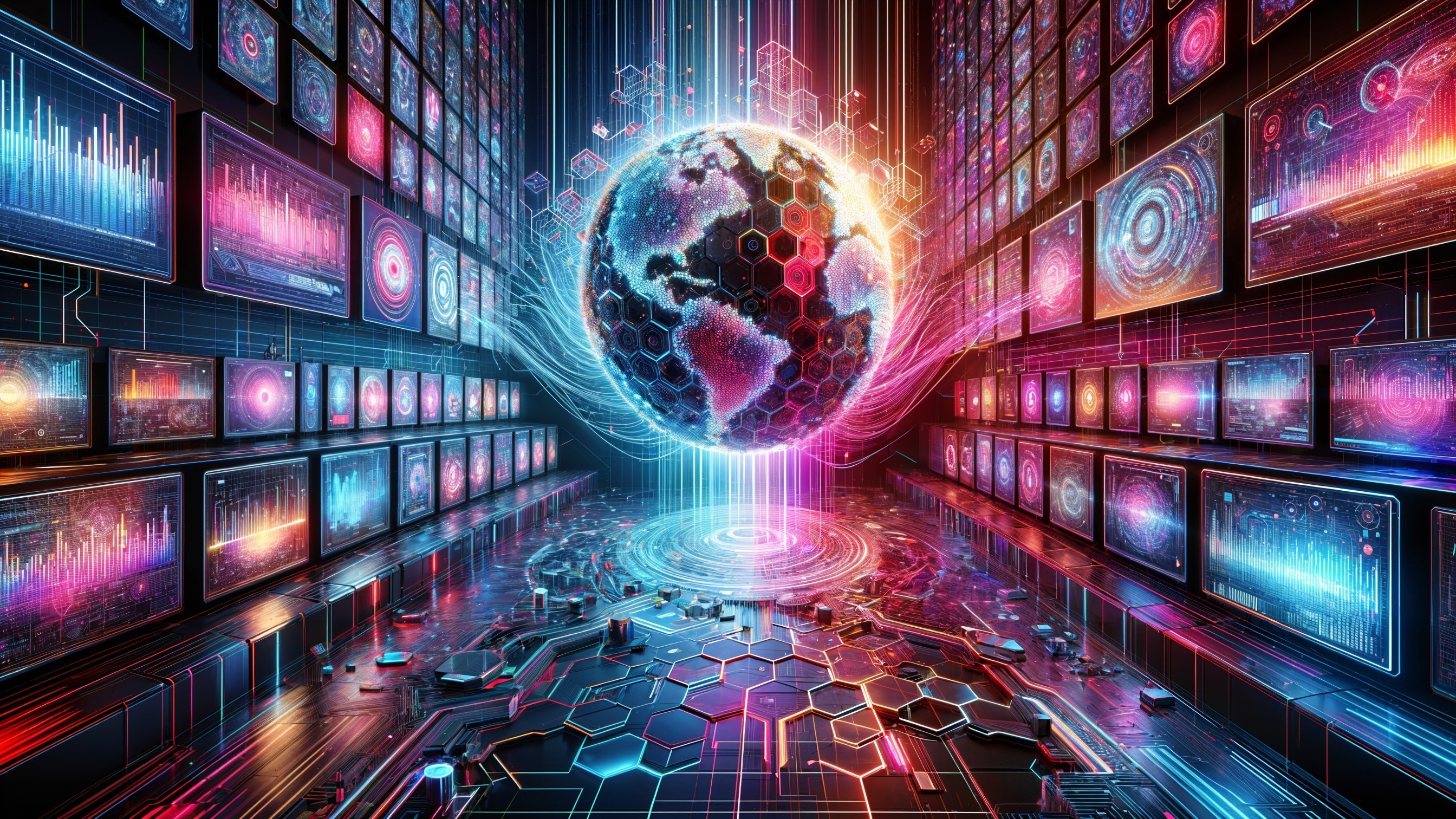 Futuristic Digital Landscape with Glowing Earth and Data Visuals