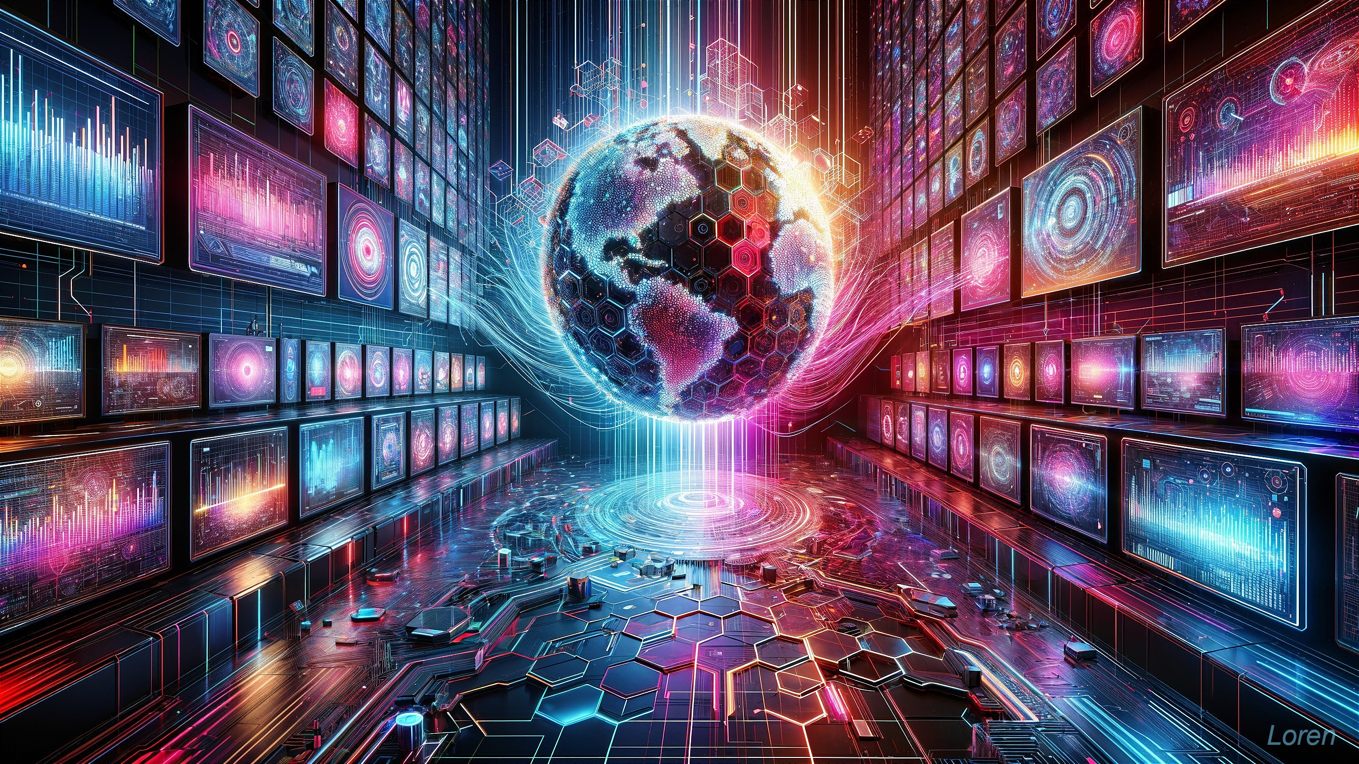 Futuristic Digital Landscape with Glowing Earth and Data Visuals