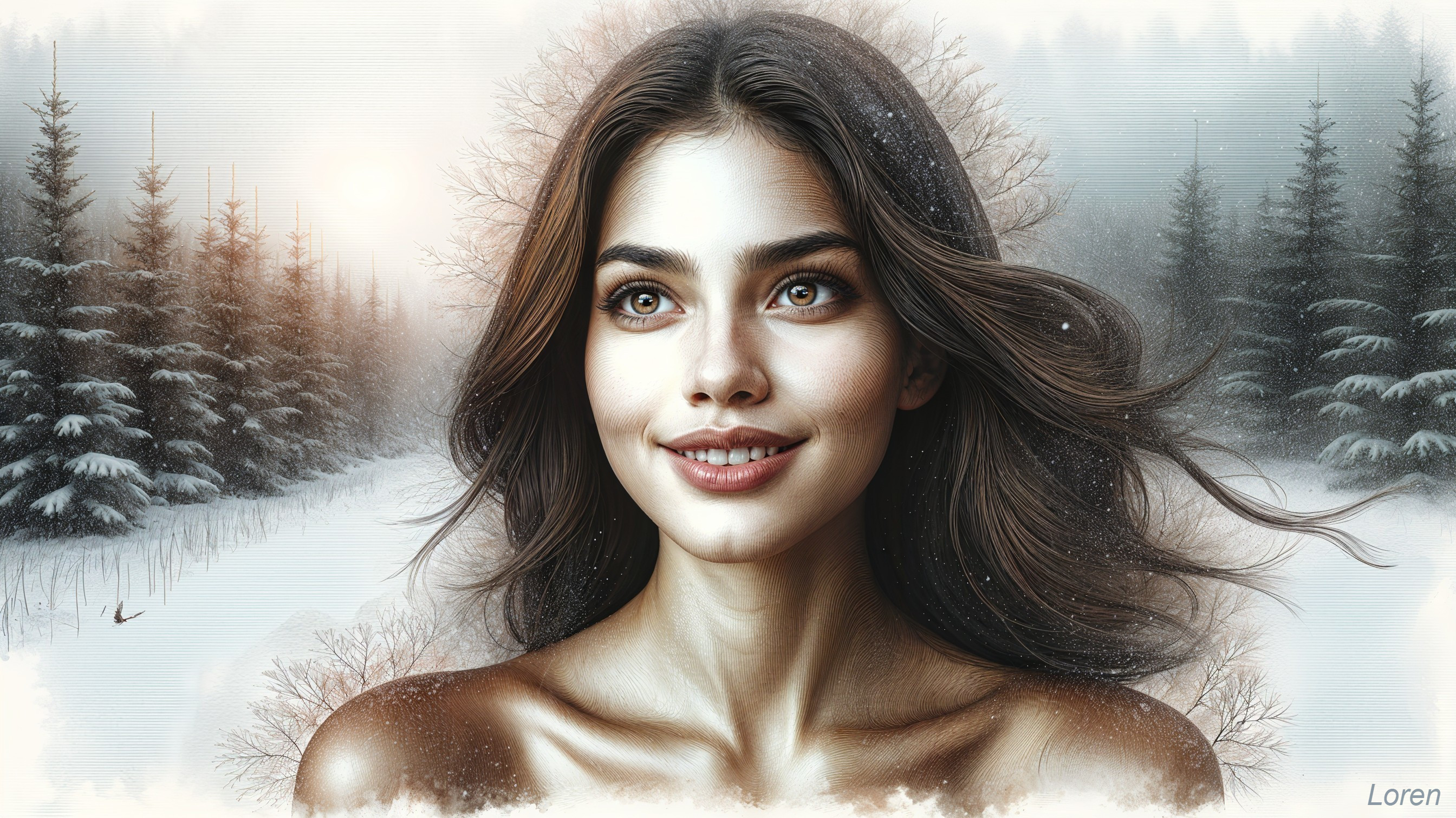 Young Woman in Winter Landscape with Pine Trees